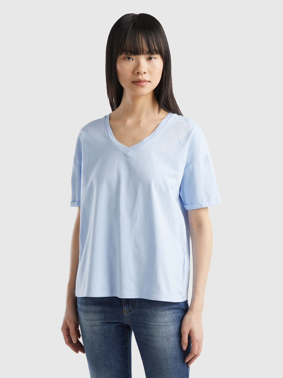 Benetton, T-shirt À Broderie Florale, Bleu Ciel, Femme