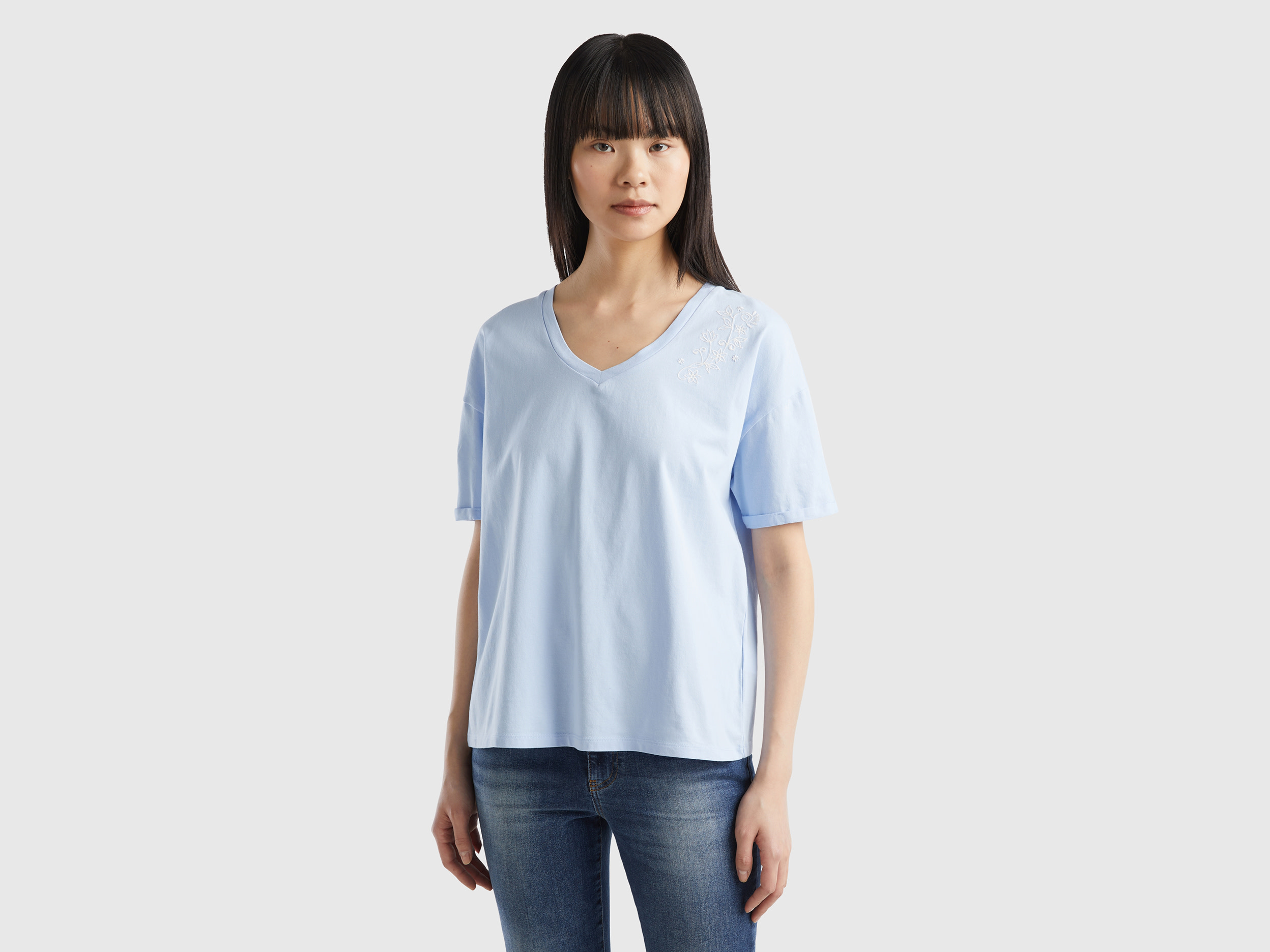 Benetton, Maglietta Con Ricamo Floreale, Celeste, Donna