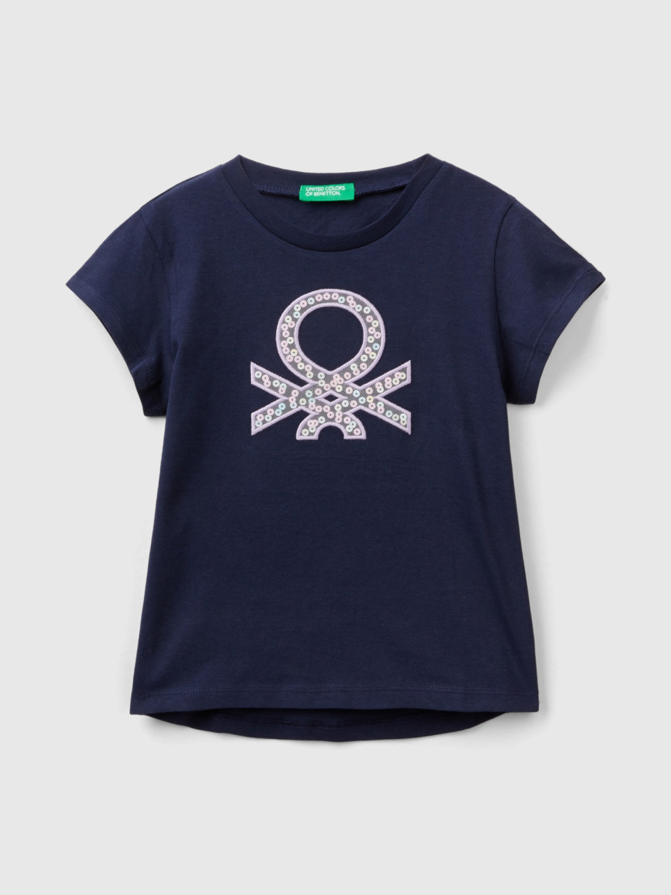 Benetton, T-shirt In Organic Cotton With Embroidered Logo, Dark Blue, Kids