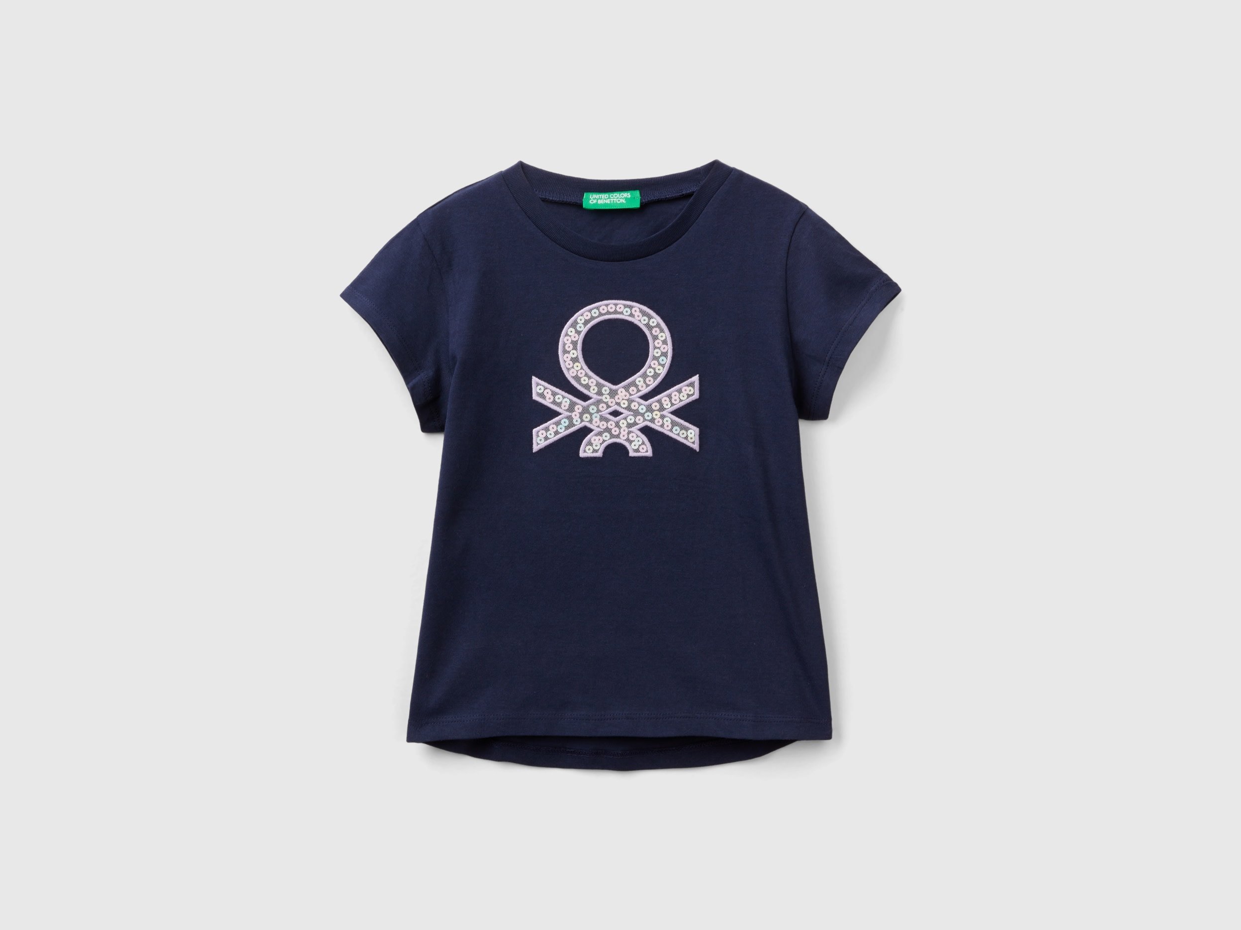 Image of Benetton, T-shirt In Organic Cotton With Embroidered Logo, size 104, Dark Blue, Kids