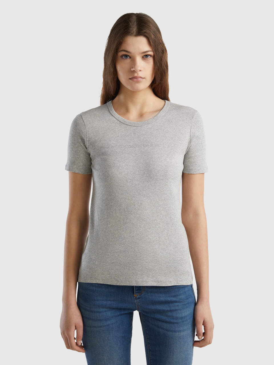 Benetton, T-shirt 100% Coton Avec Logo Imprimé Pailleté, Gris Clair, Femme