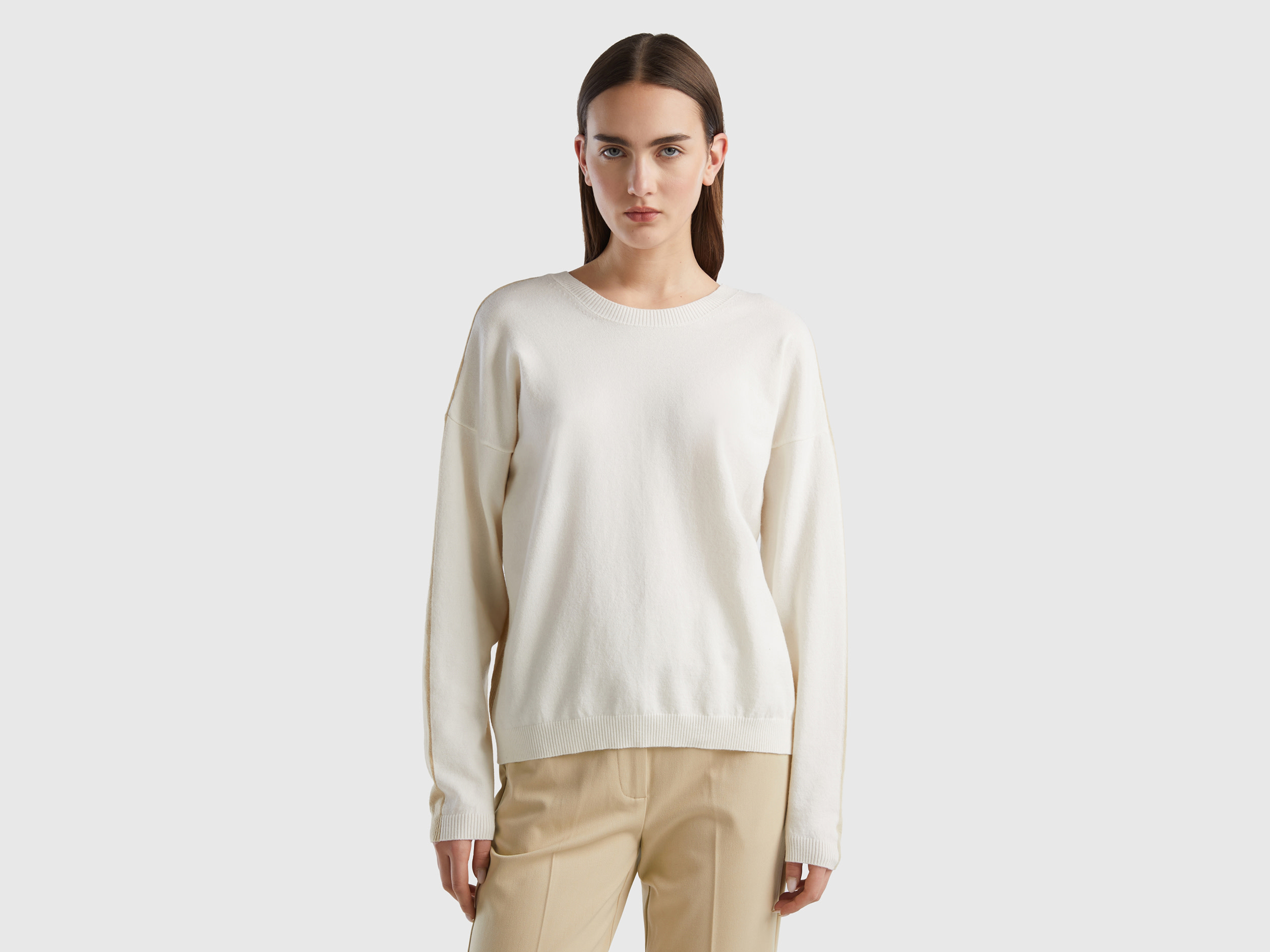 Benetton, Maglia In Misto Viscosa, Bianco Panna, Donna
