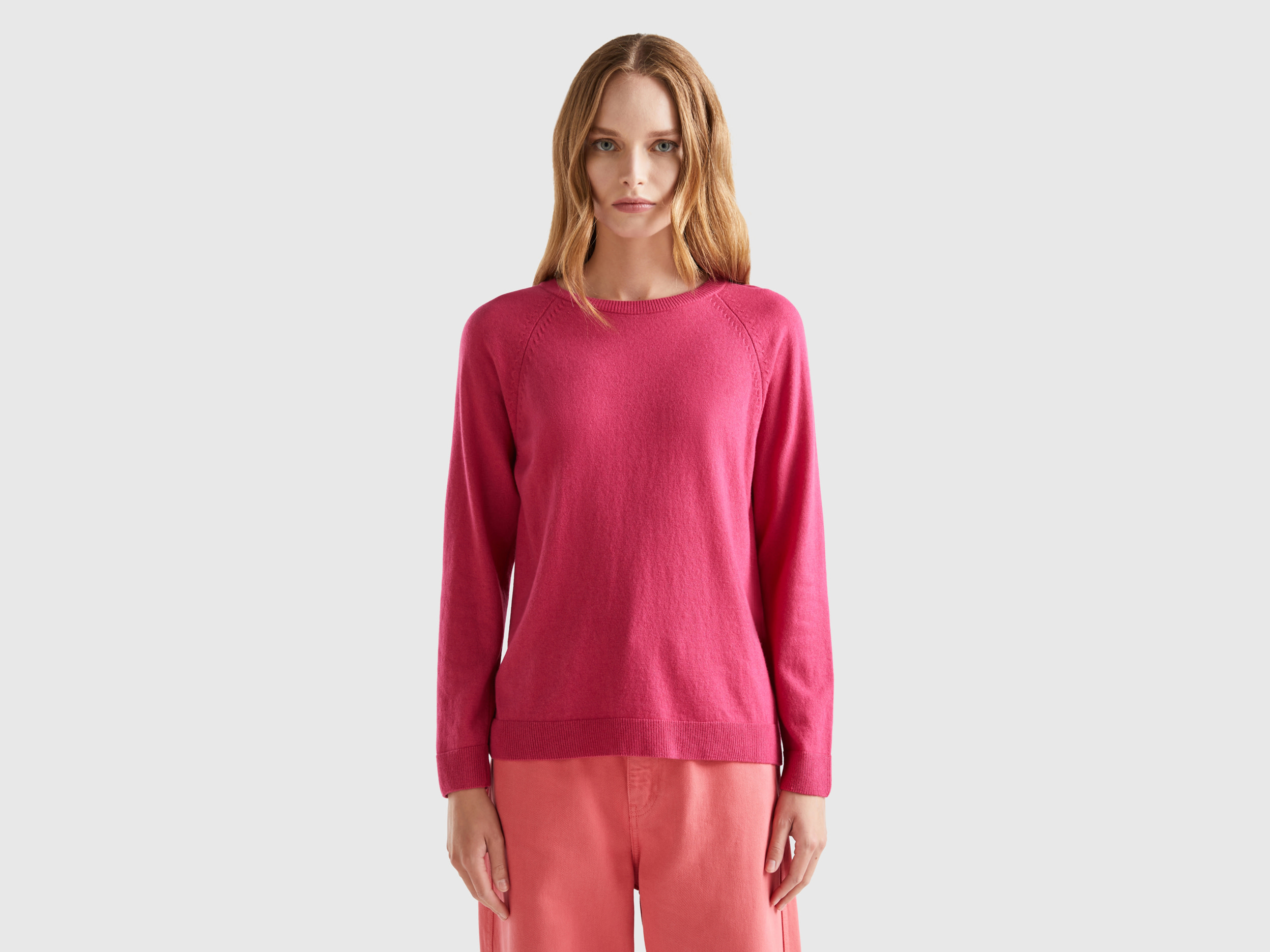 Benetton, Magenta Red Crew Neck Sweater In Cashmere And Wool Blend, size S, Cyclamen, Women
