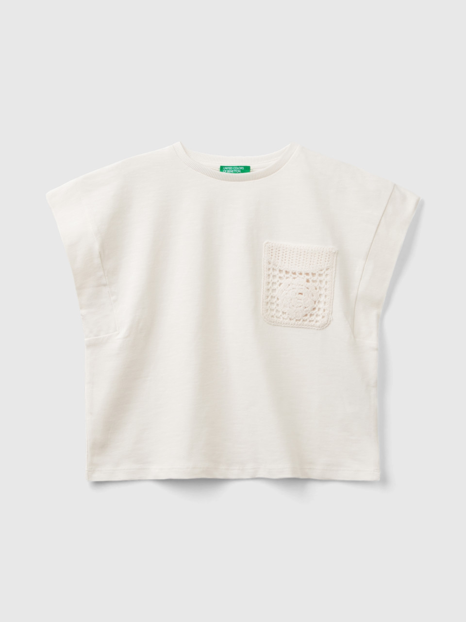 Benetton, T-shirt With Macramé Patch, Creamy White, Kids