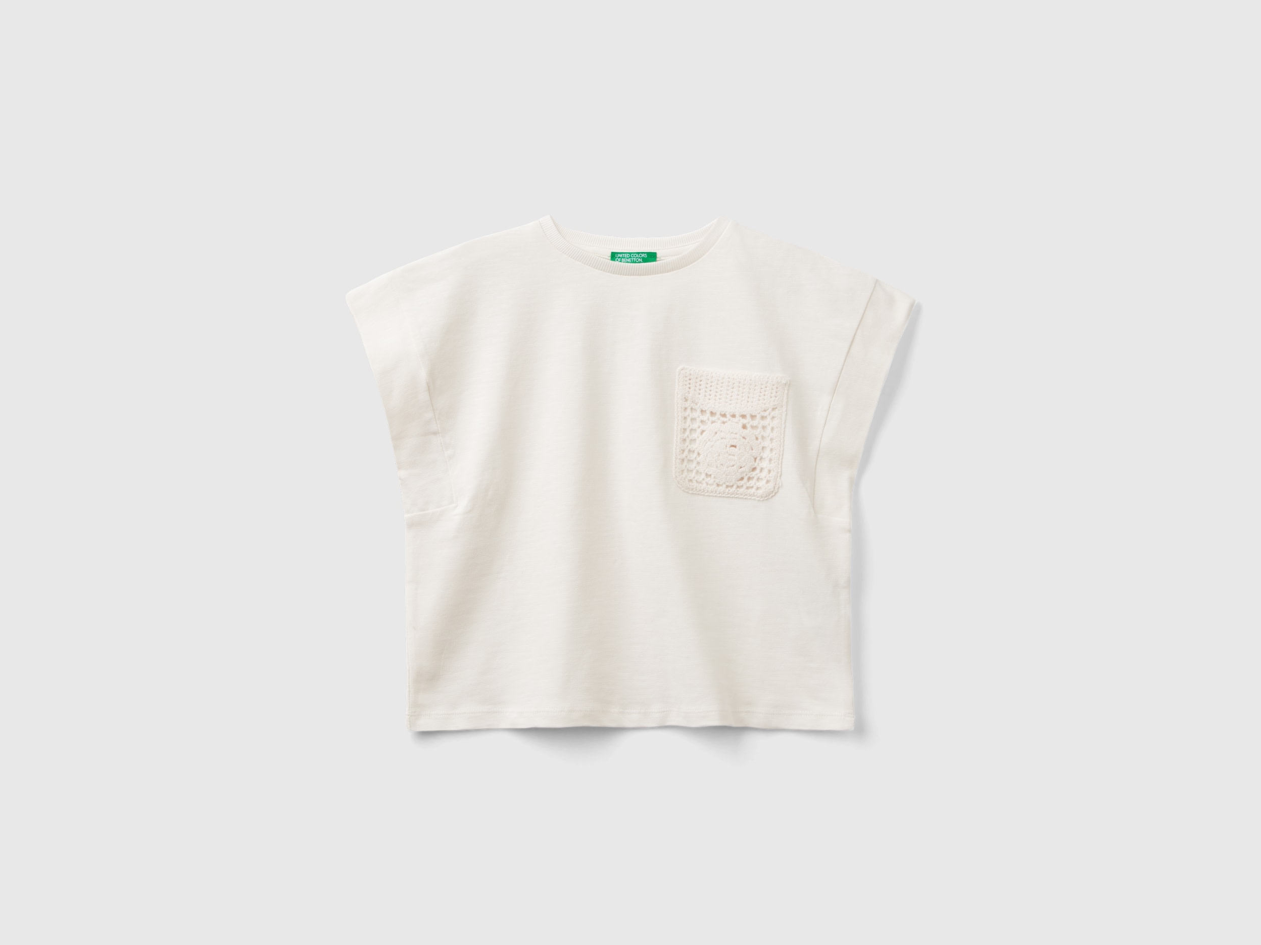 Benetton, T-shirt Con Patch Macramè, Bianco Panna, Bambini