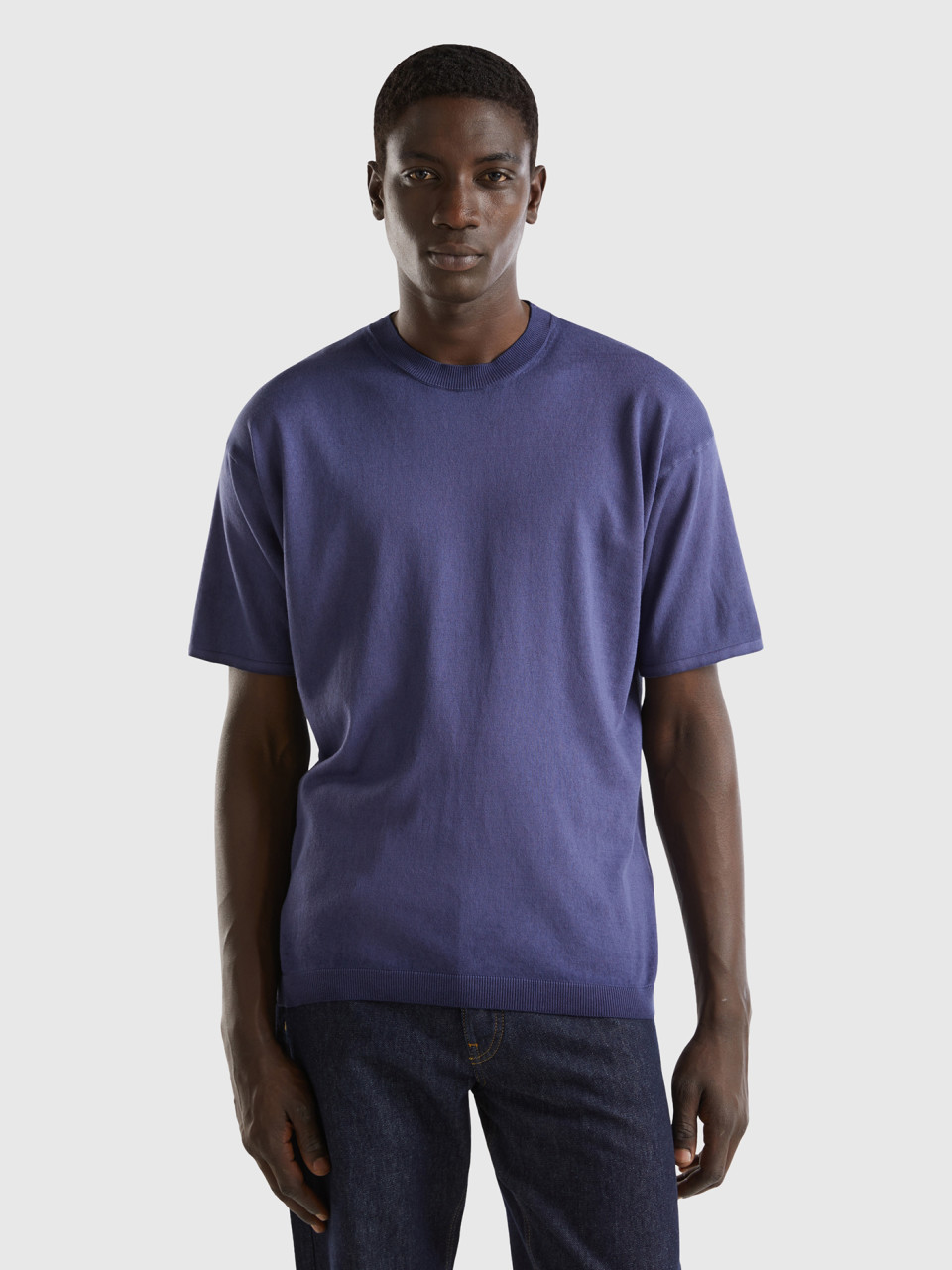 Benetton, Oversized Fit Knitted T-shirt, Dark Blue, Men