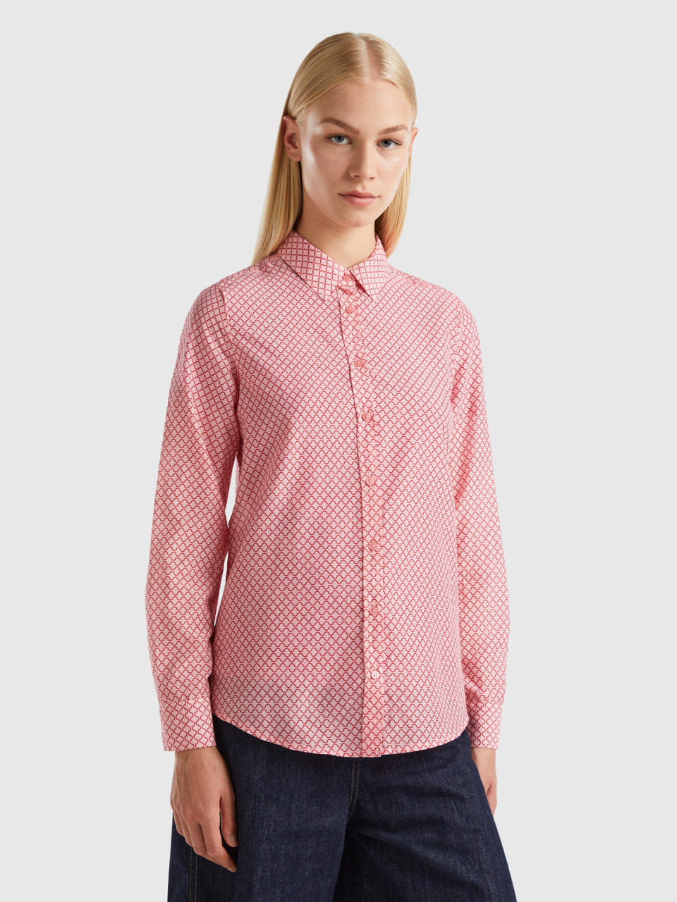 Benetton, Pink Diamond Pattern Shirt, Pink, Women