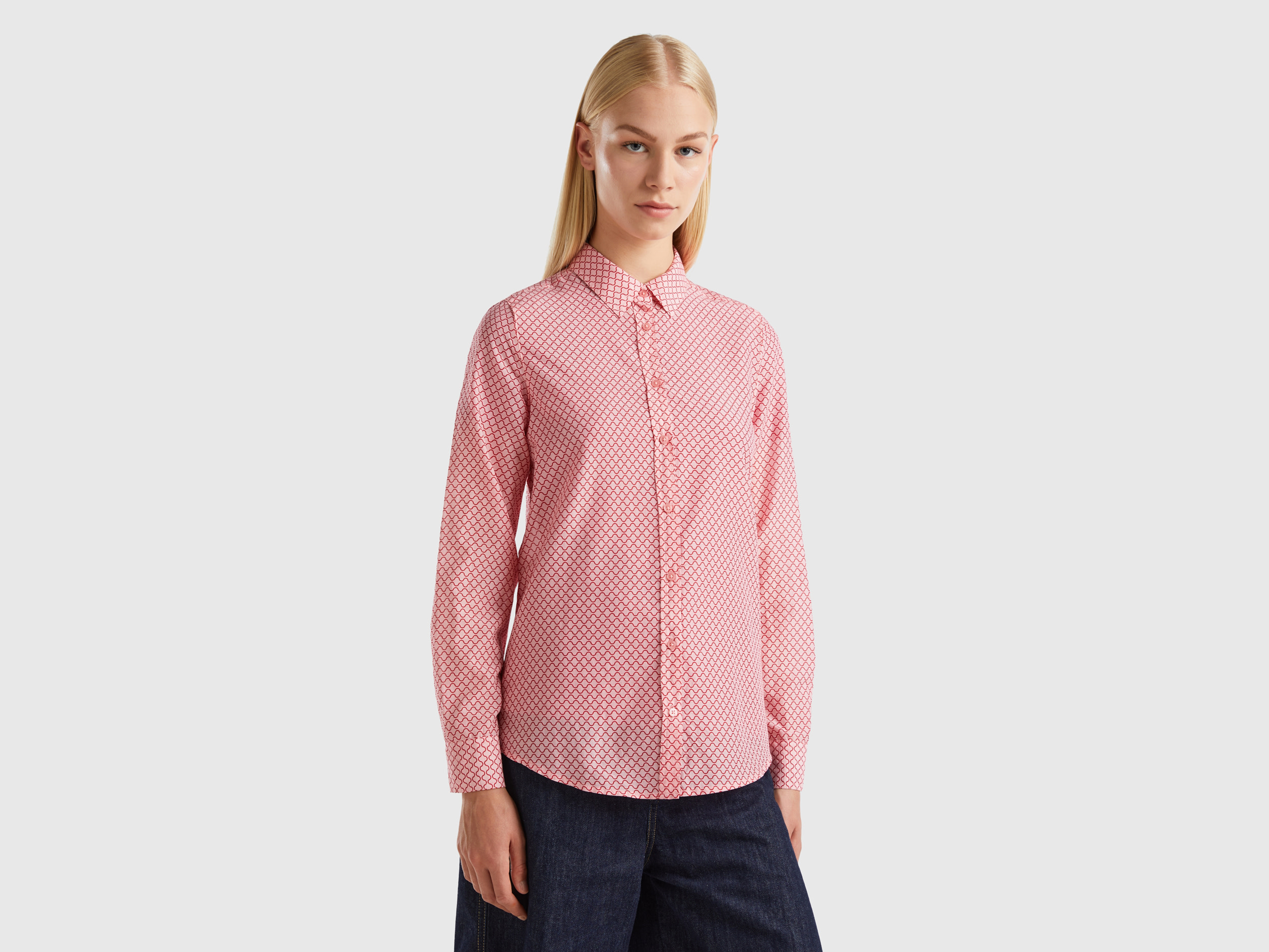 Benetton, Pink Diamond Pattern Shirt, size L, Pink, Women