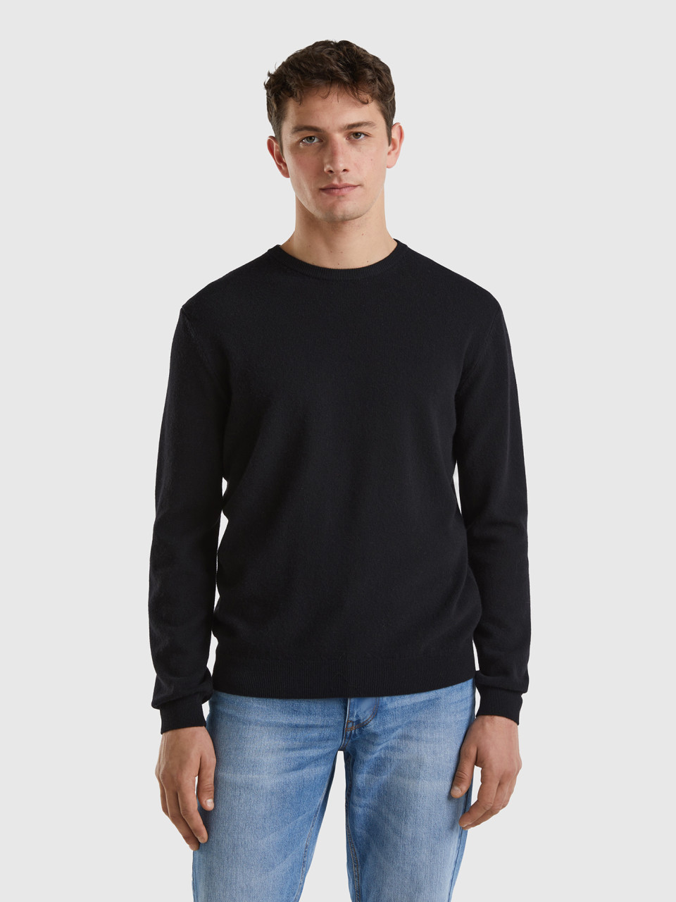 Benetton, Black Crew Neck Sweater In Pure Merino Wool, Black, Men