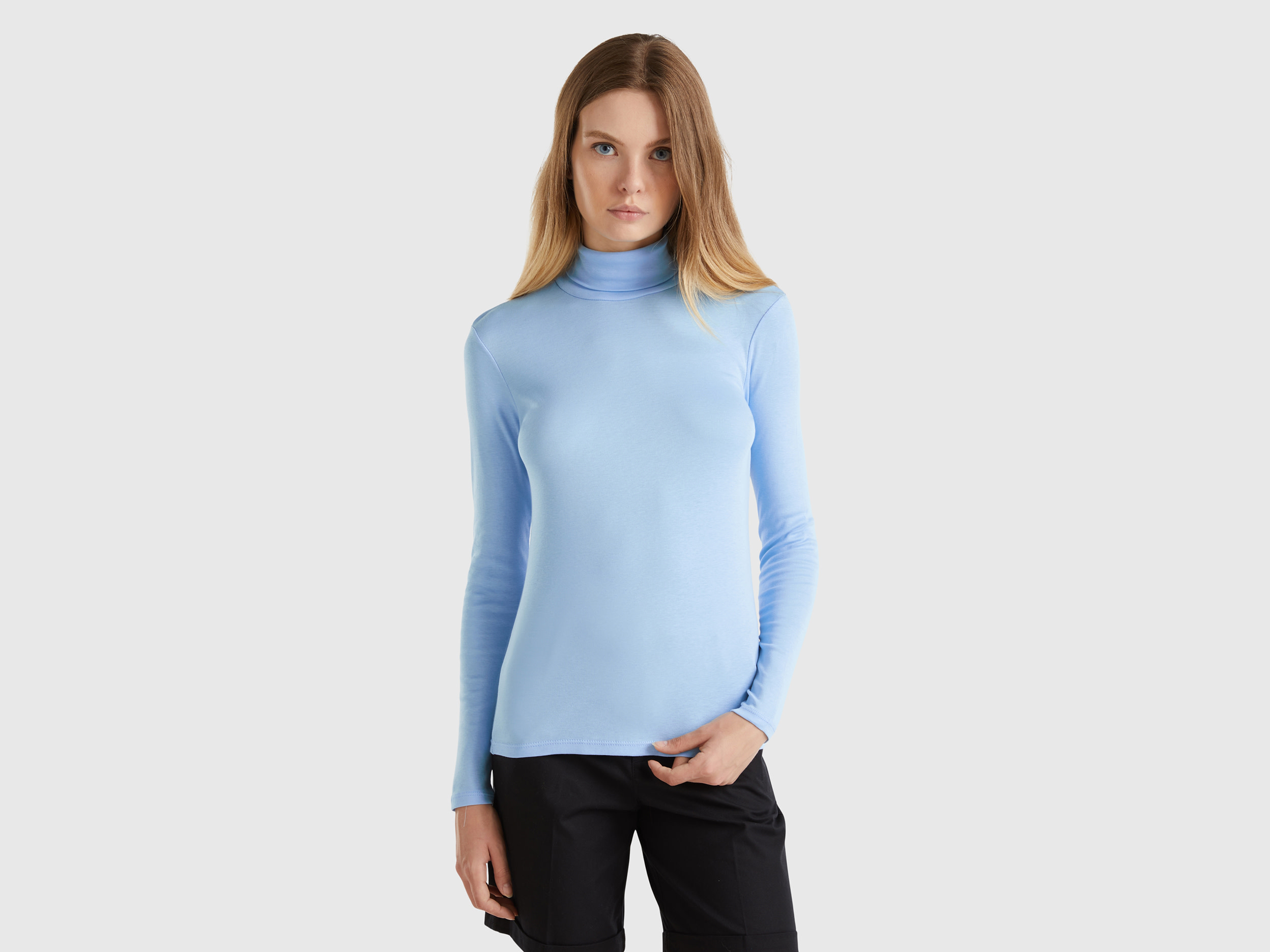 Benetton, T-shirt A Manica Lunga Con Collo Alto, Azzurro, Donna