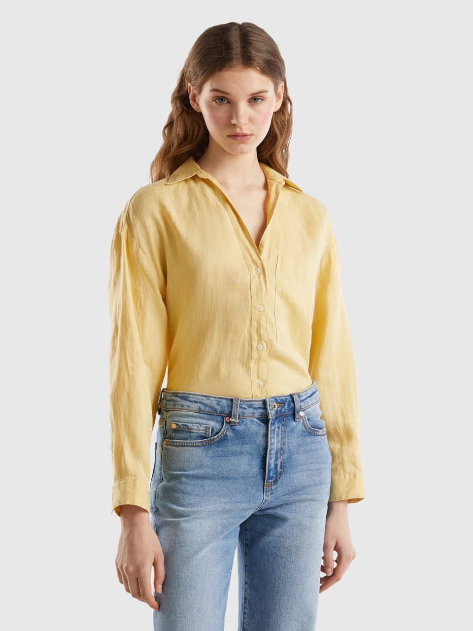 Benetton, Long Shirt In Pure Linen, Yellow, Women
