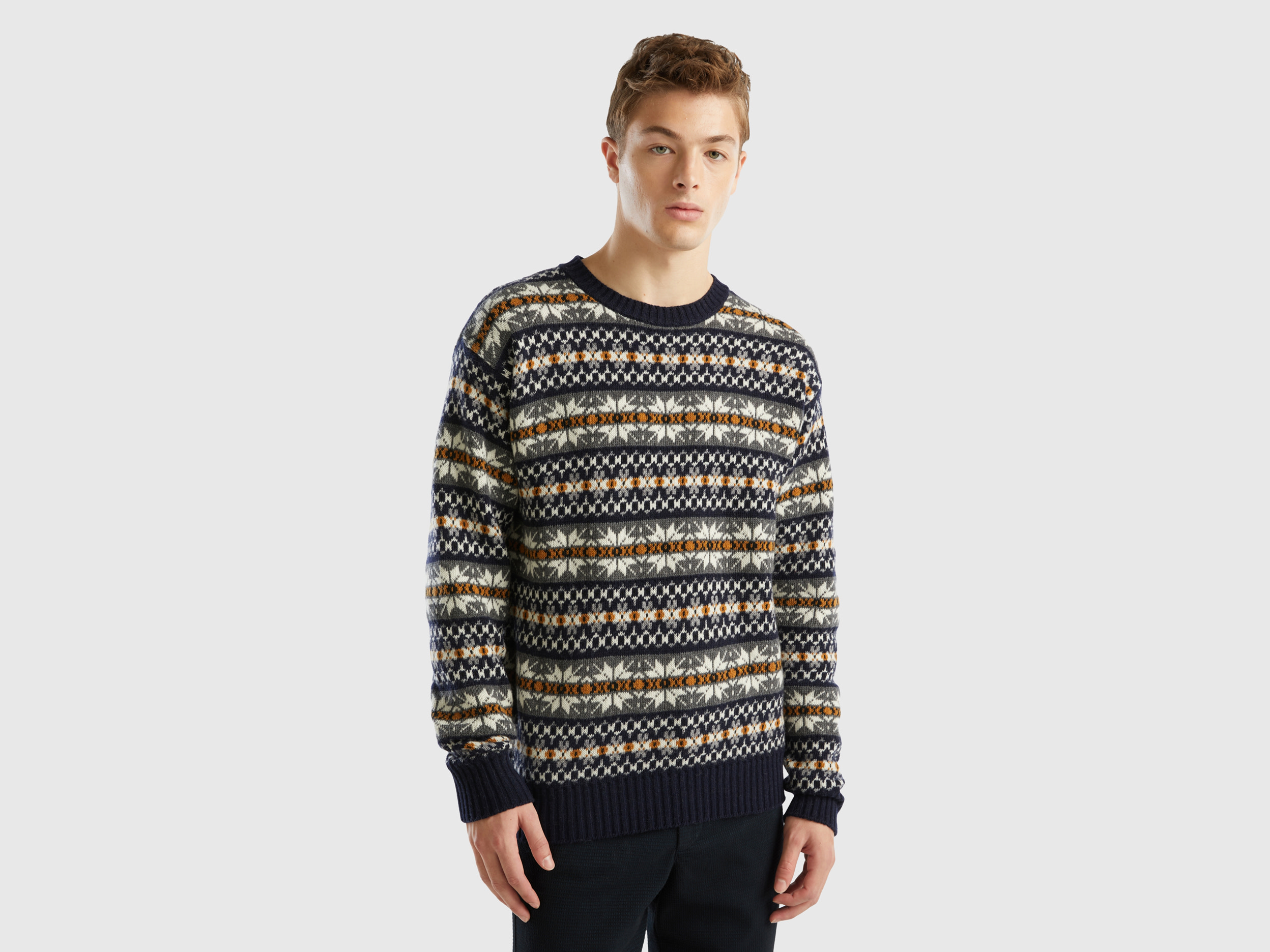 Benetton, Jacquard Sweater In Wool Blend, size XL, Dark Blue, Men