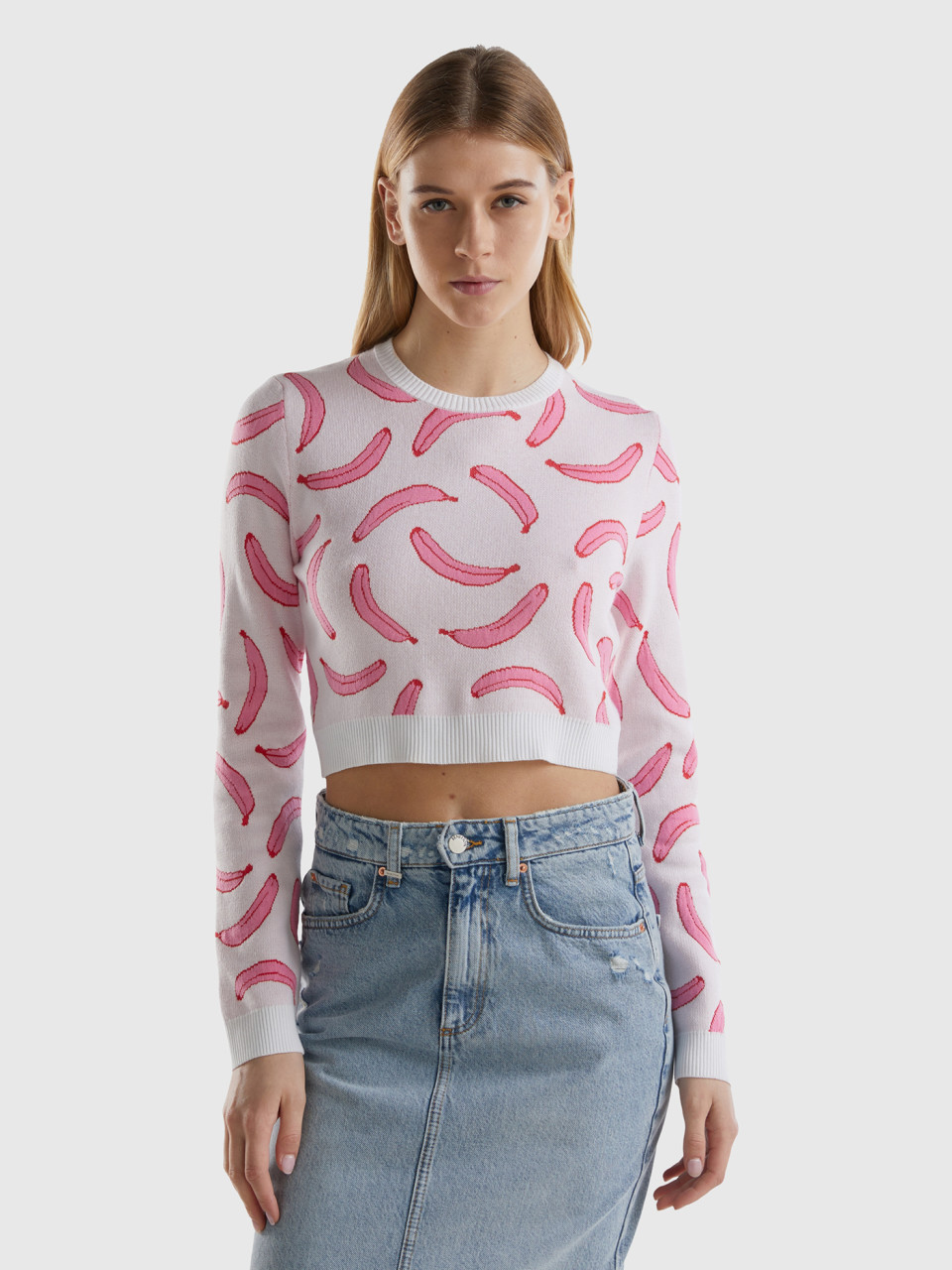 Benetton, Light Pink Cropped Sweater With Banana Pattern, Soft Pink, Women