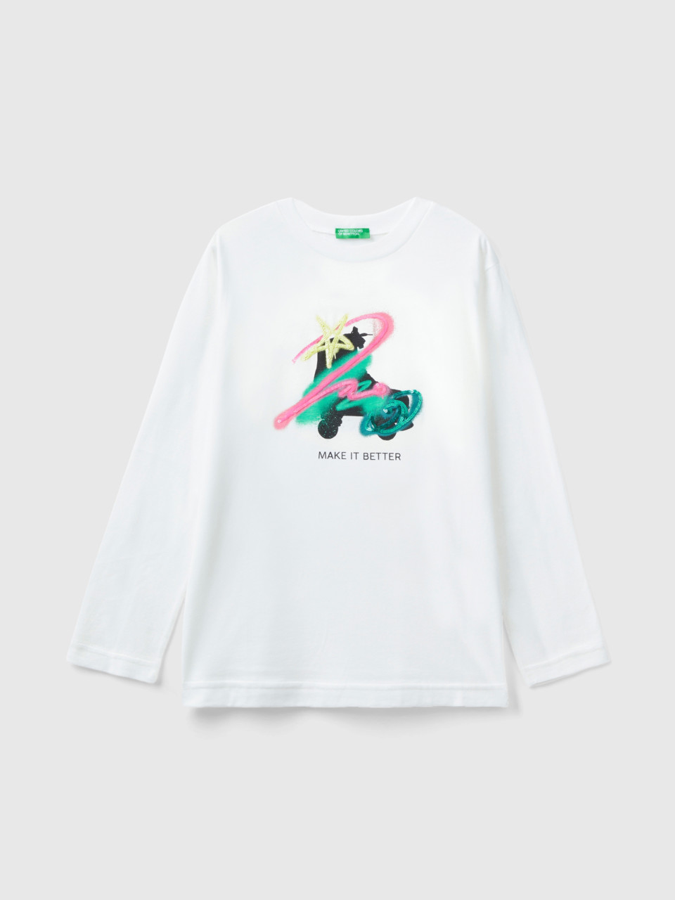 Benetton, T-shirt With Print And Sequins, Creamy White, Kids