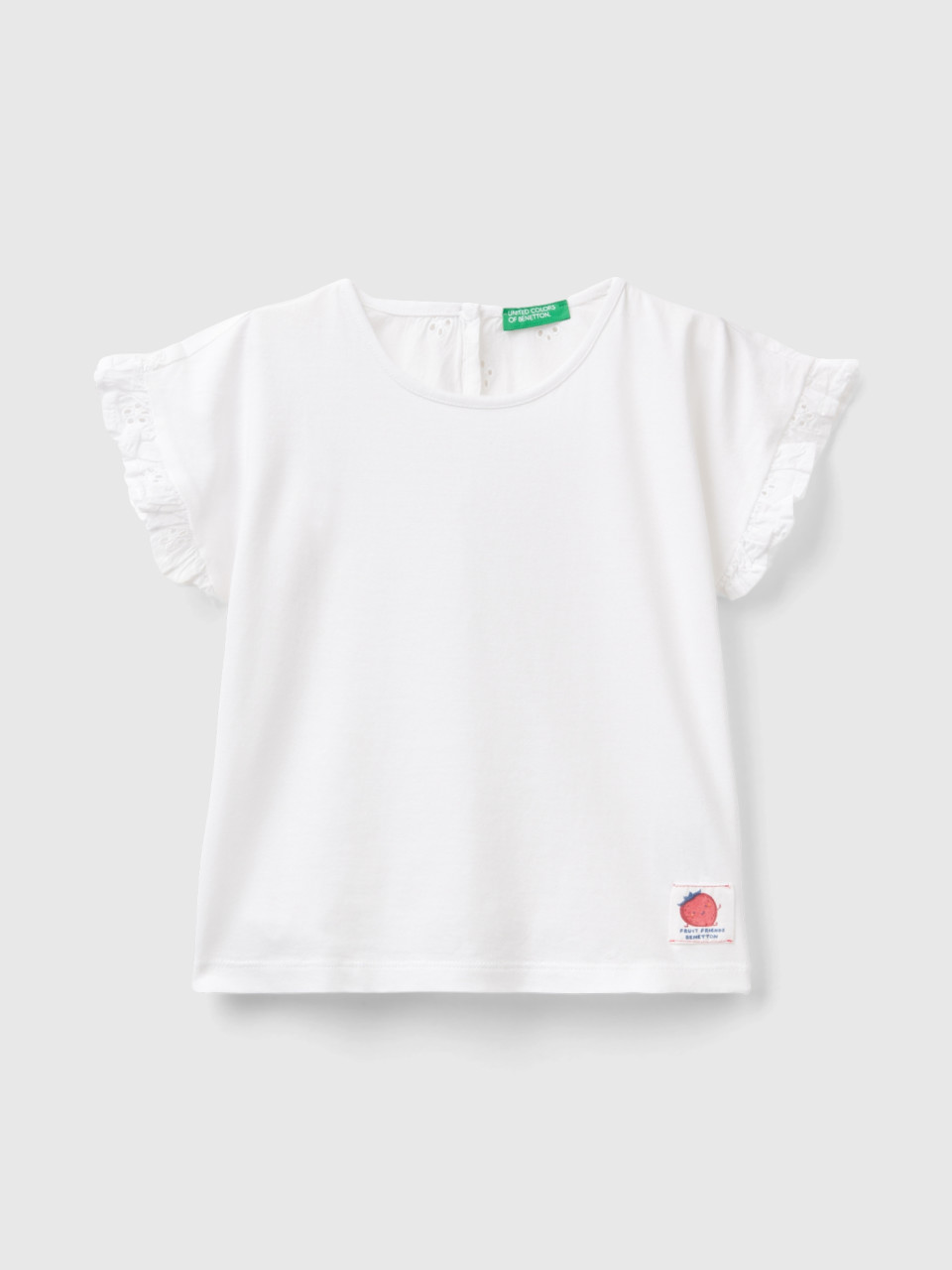 Benetton, T-shirt Con Rouches E Ricami Sangallo, Bianco, Bambini