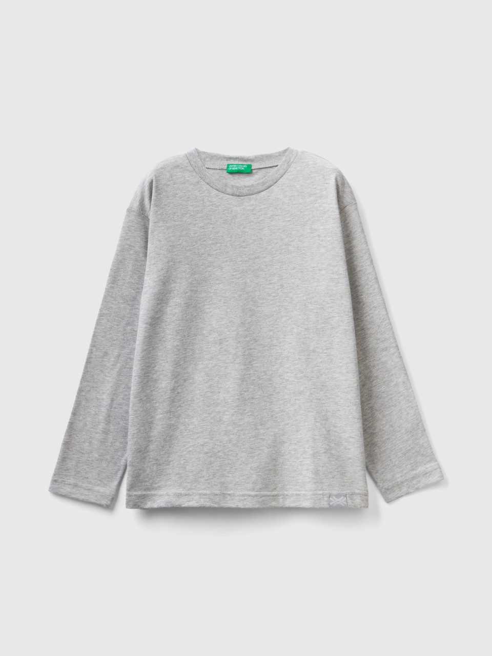 Benetton, 100% Organic Cotton Crew Neck T-shirt, Light Gray, Kids