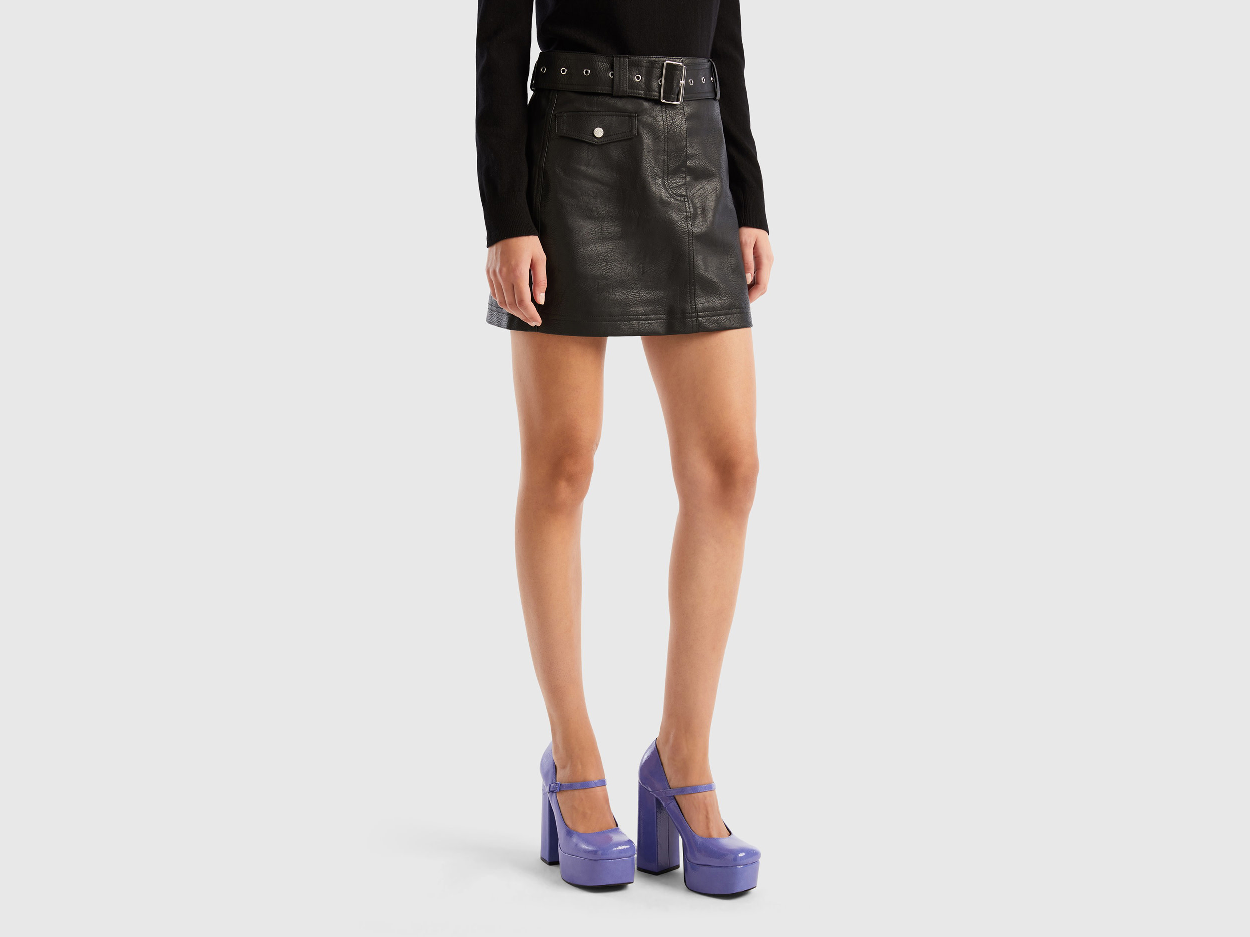 Benetton, Mini Skirt With Belt In Imitation Leather, size 12, Black, Women