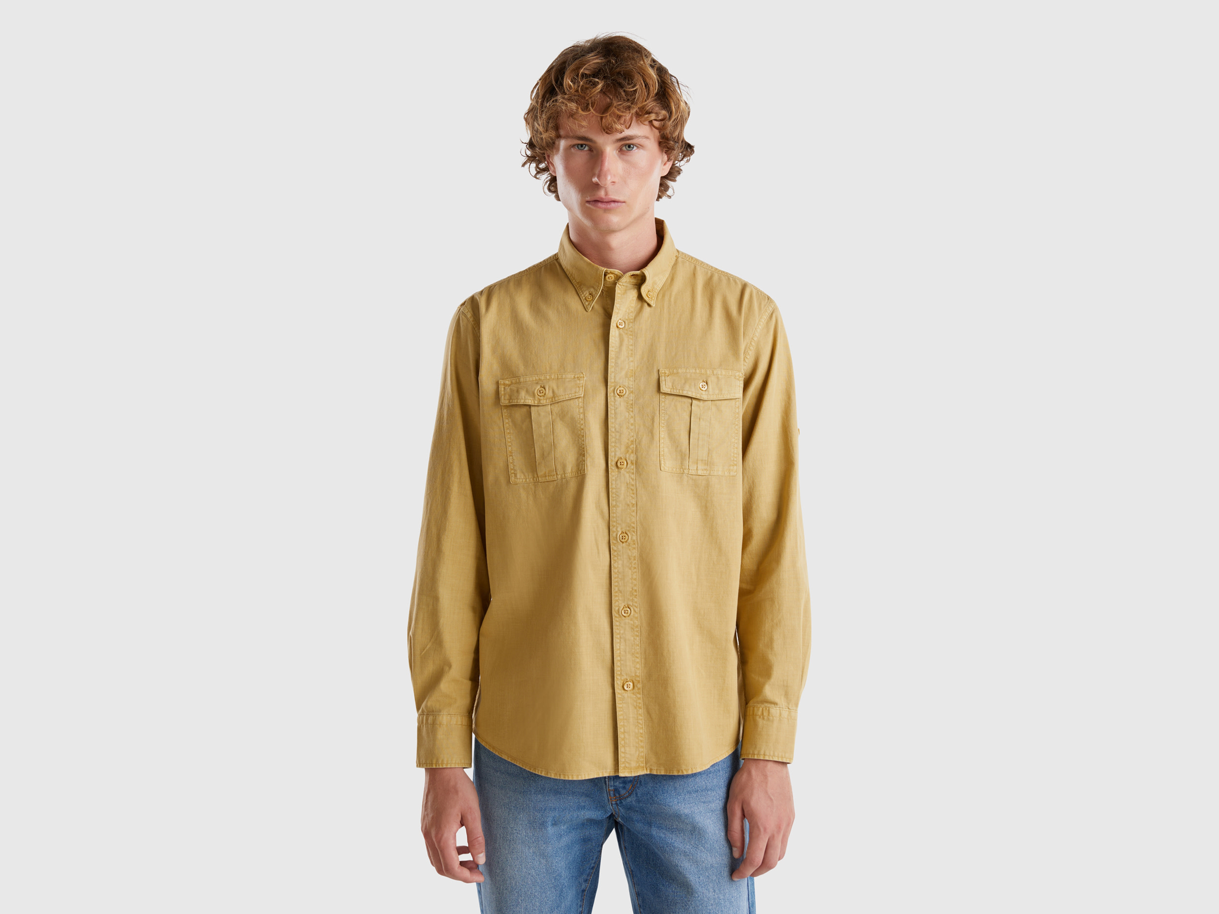 Benetton, Camicia Slim Fit Button Down, Cammello, Uomo