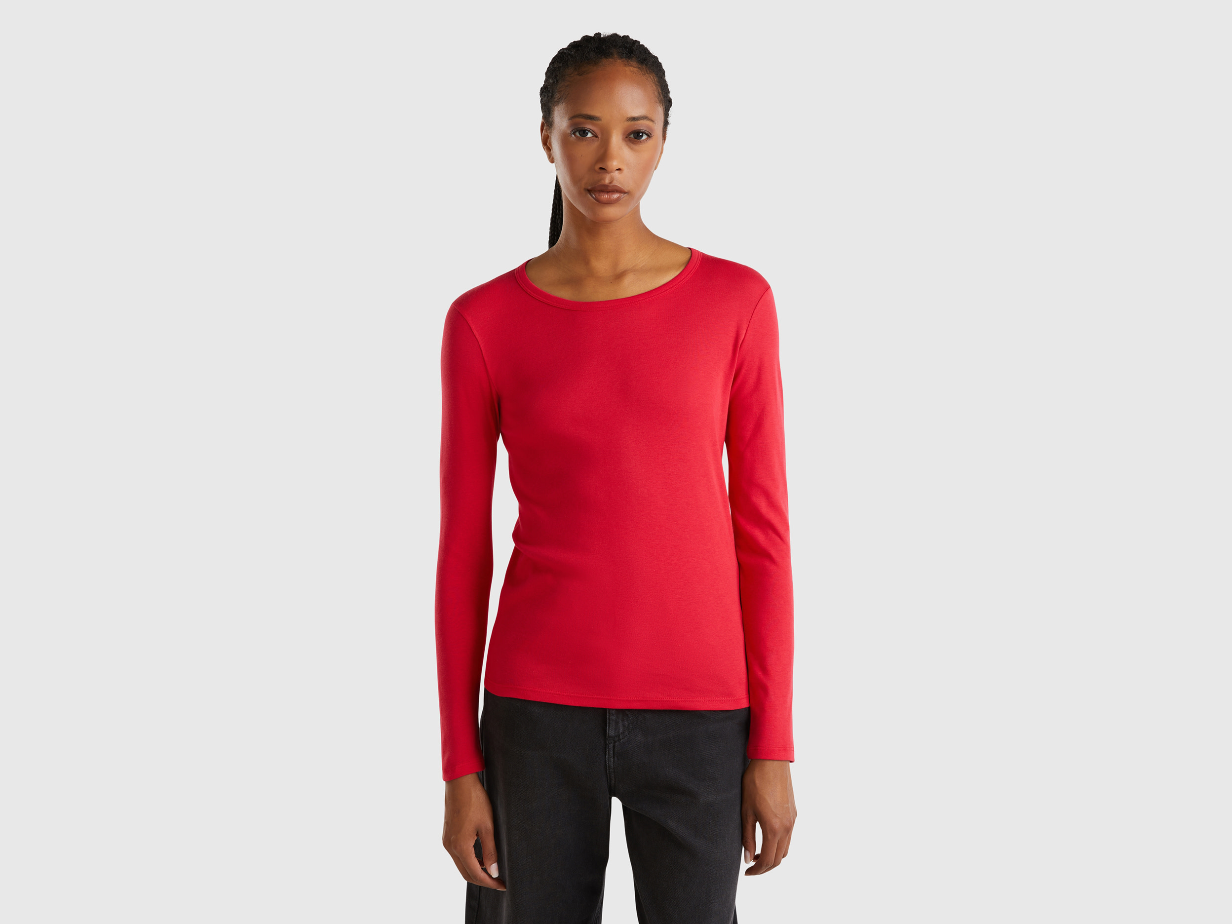 Benetton, T-shirt A Manica Lunga In Puro Cotone, Prugna, Donna
