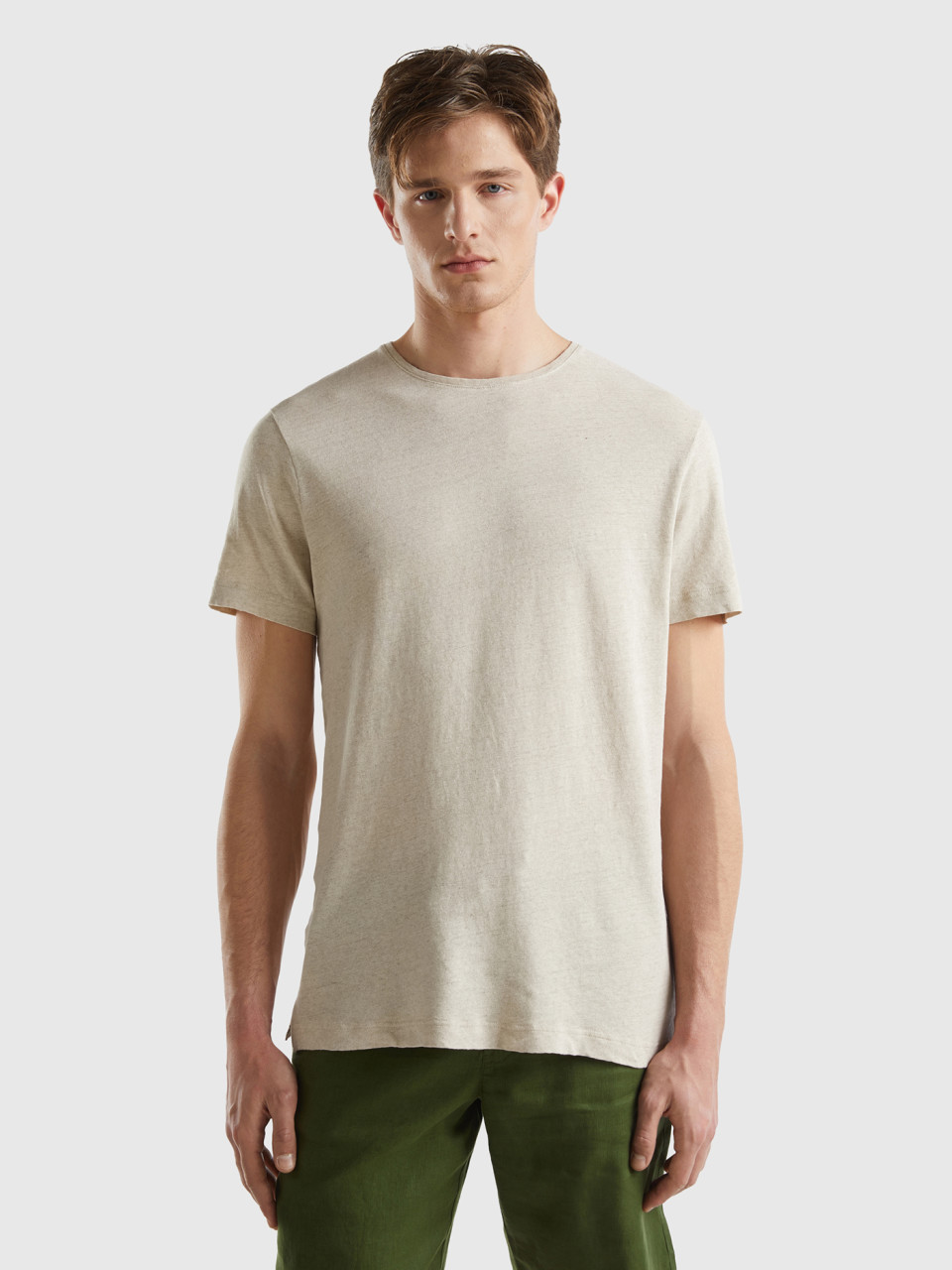 Benetton, T-shirt In Linen Blend, Creamy White, Men