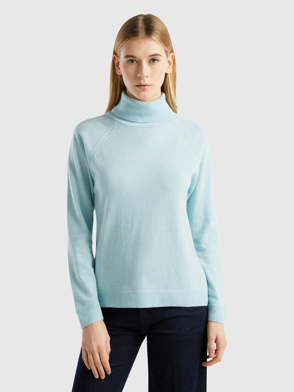 Benetton, Aqua Turtleneck Sweater In Cashmere And Wool Blend, Aqua, Women