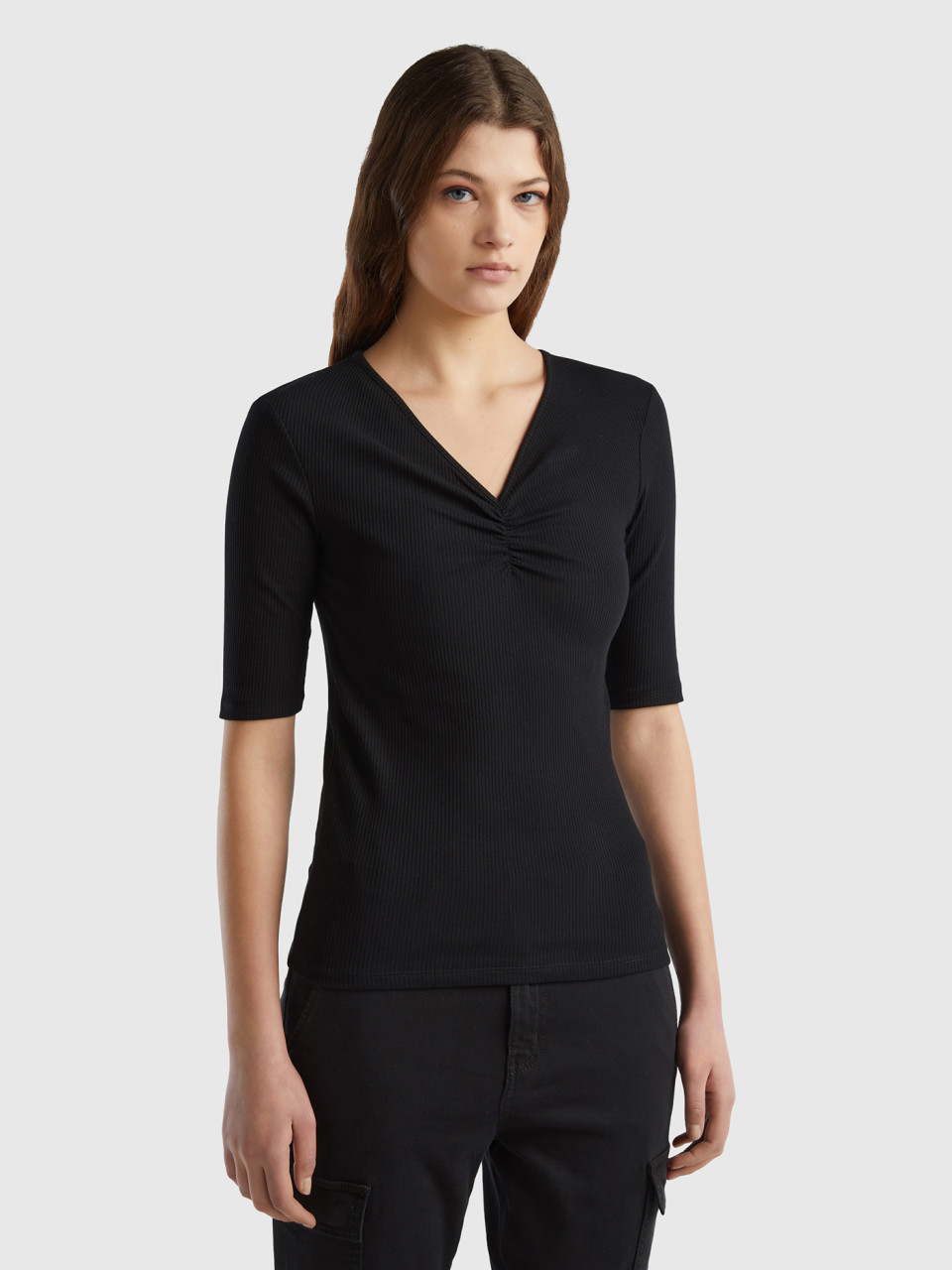 Benetton, V-neck Slim Fit T-shirt, Black, Women