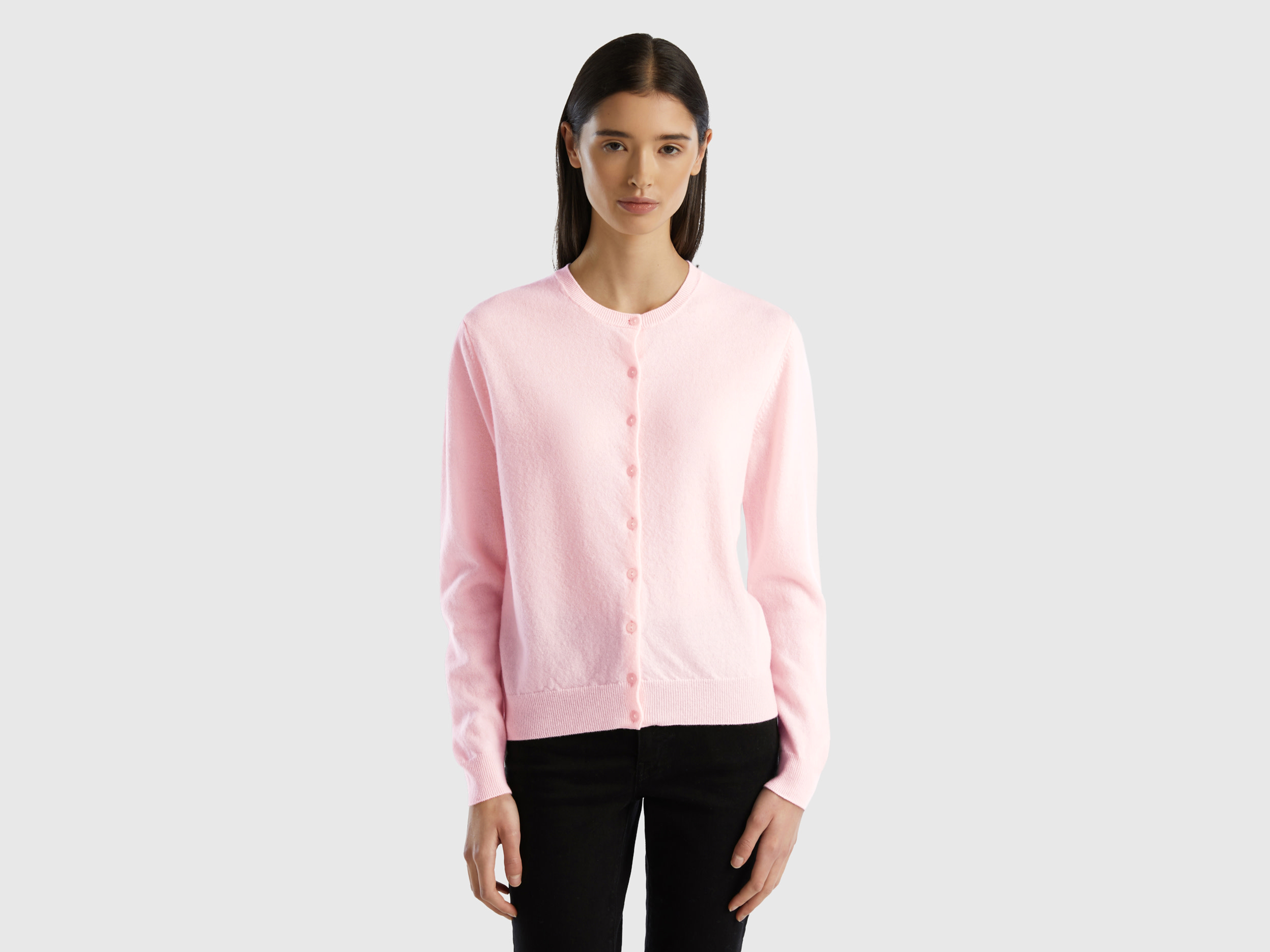 Benetton, Light Pink Crew Neck Cardigan In Pure Merino Wool, size XS, Soft Pink, Women