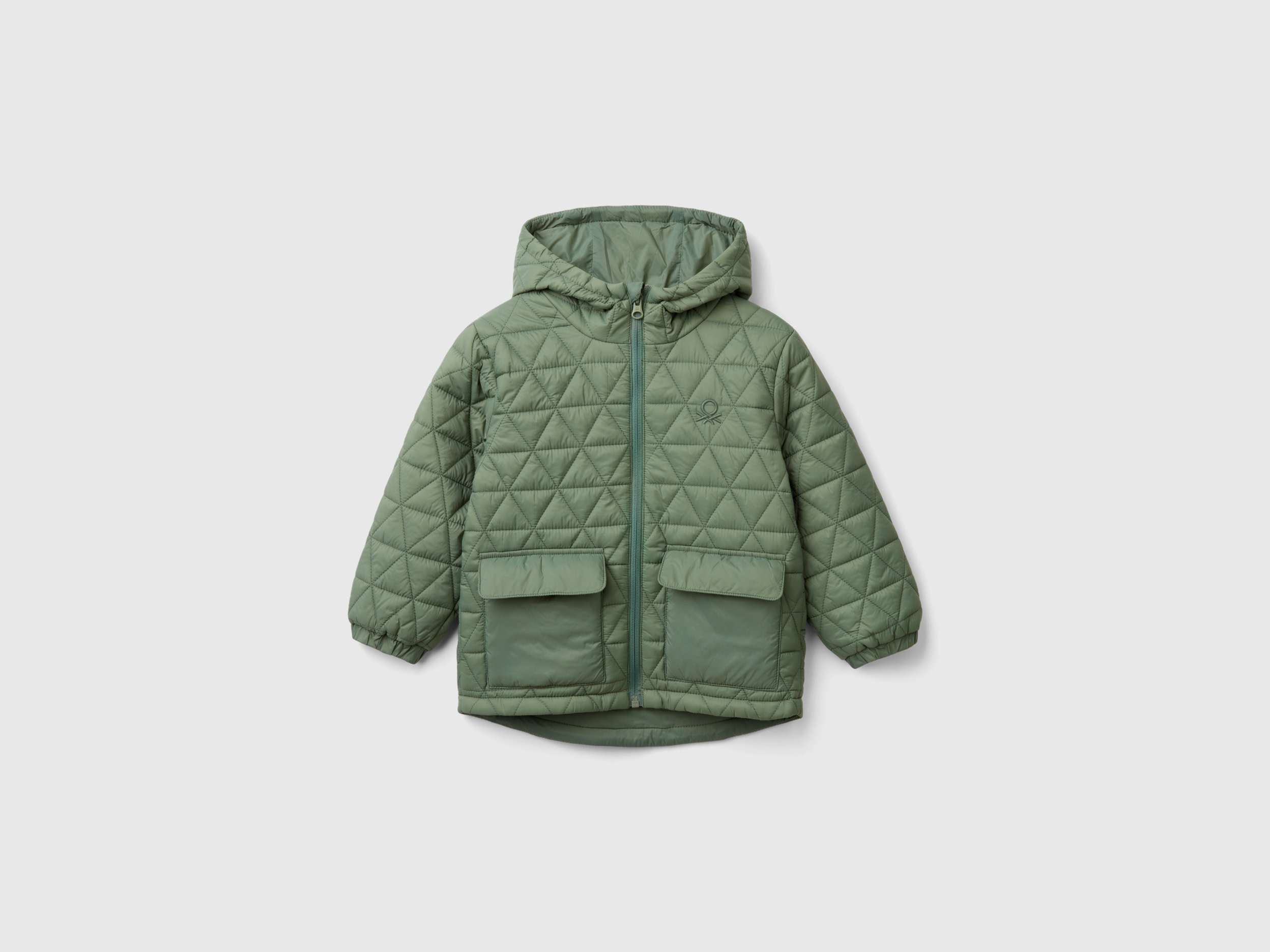 Benetton, Giubbino Trapuntato Con Cappuccio, Verde Chiaro, Bambini