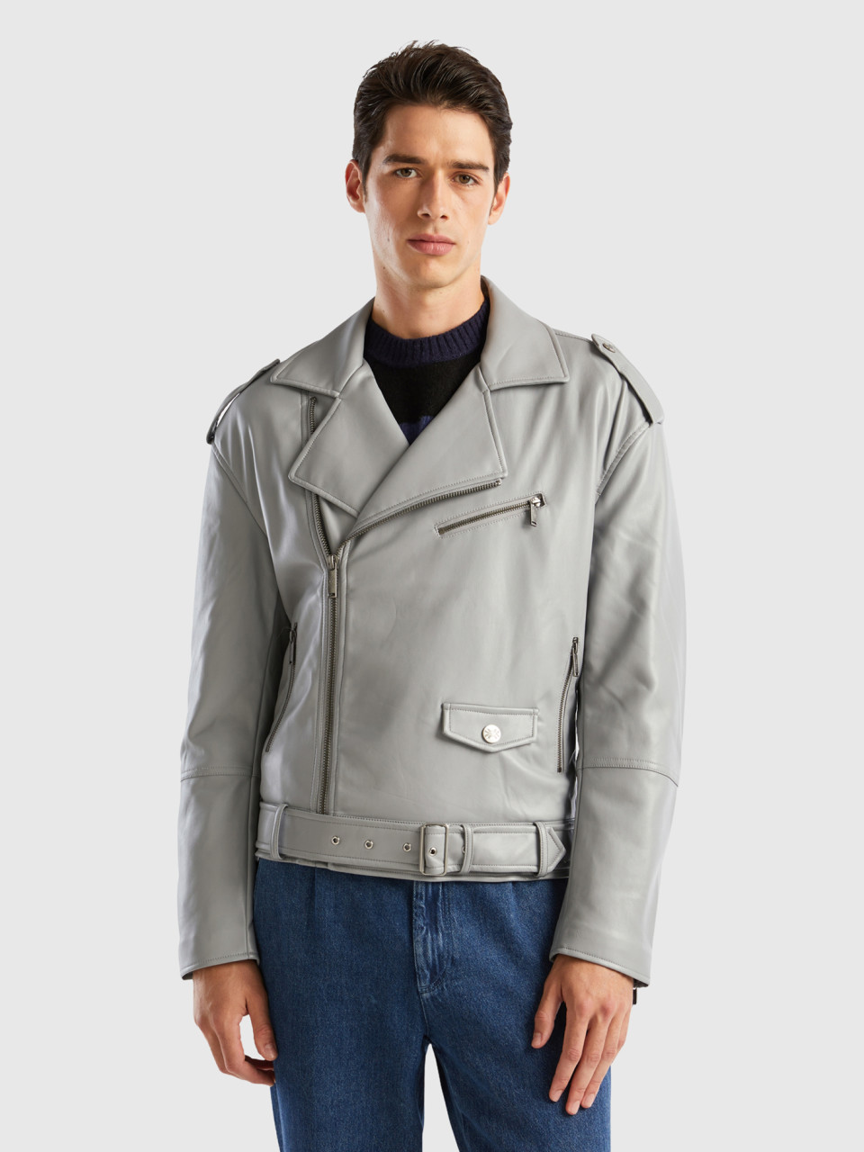 Benetton, Biker Jacket In Imitation Leather, Light Gray, Men