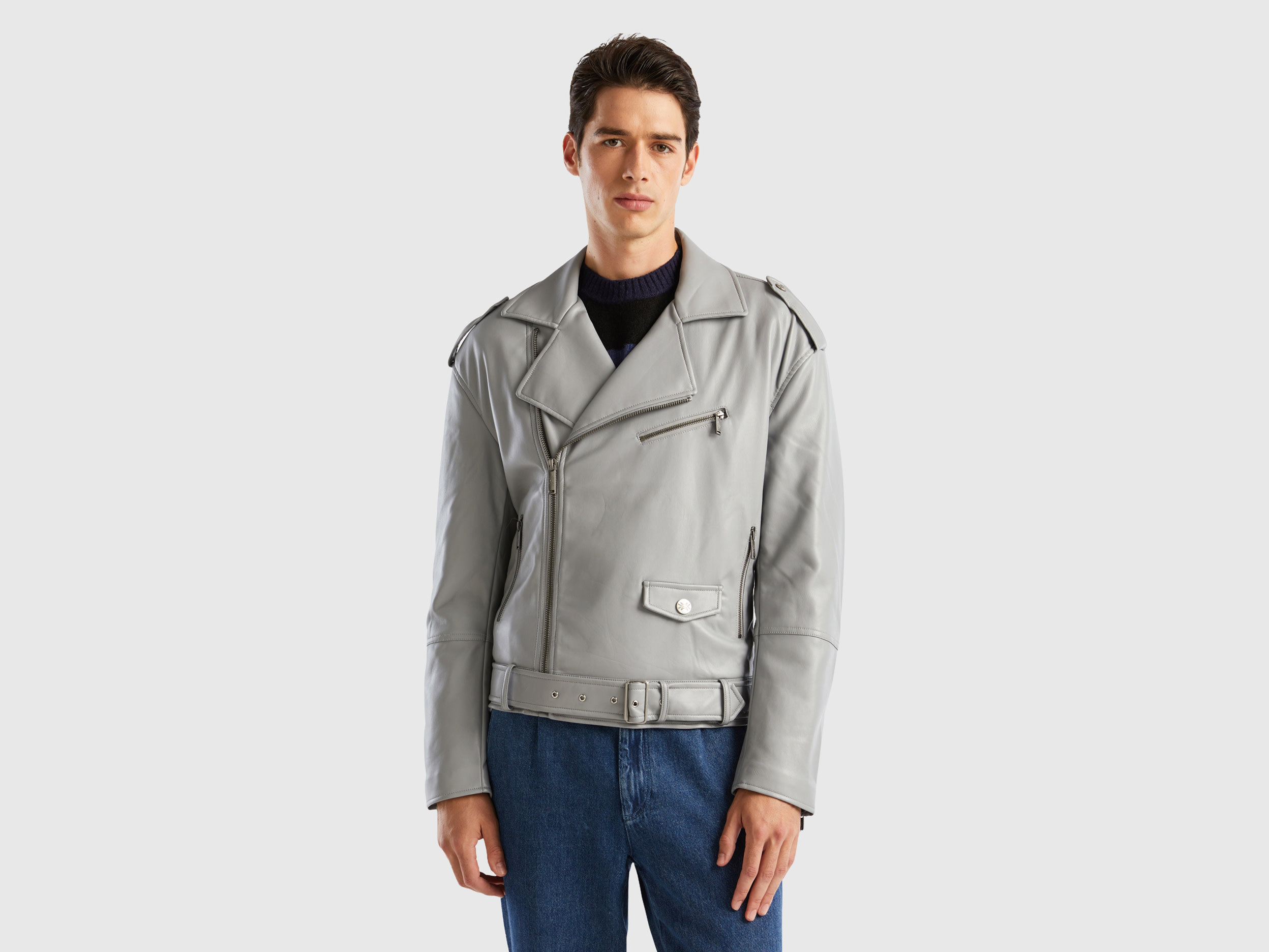 Benetton, Biker Jacket In Imitation Leather, size L, Light Gray, Men