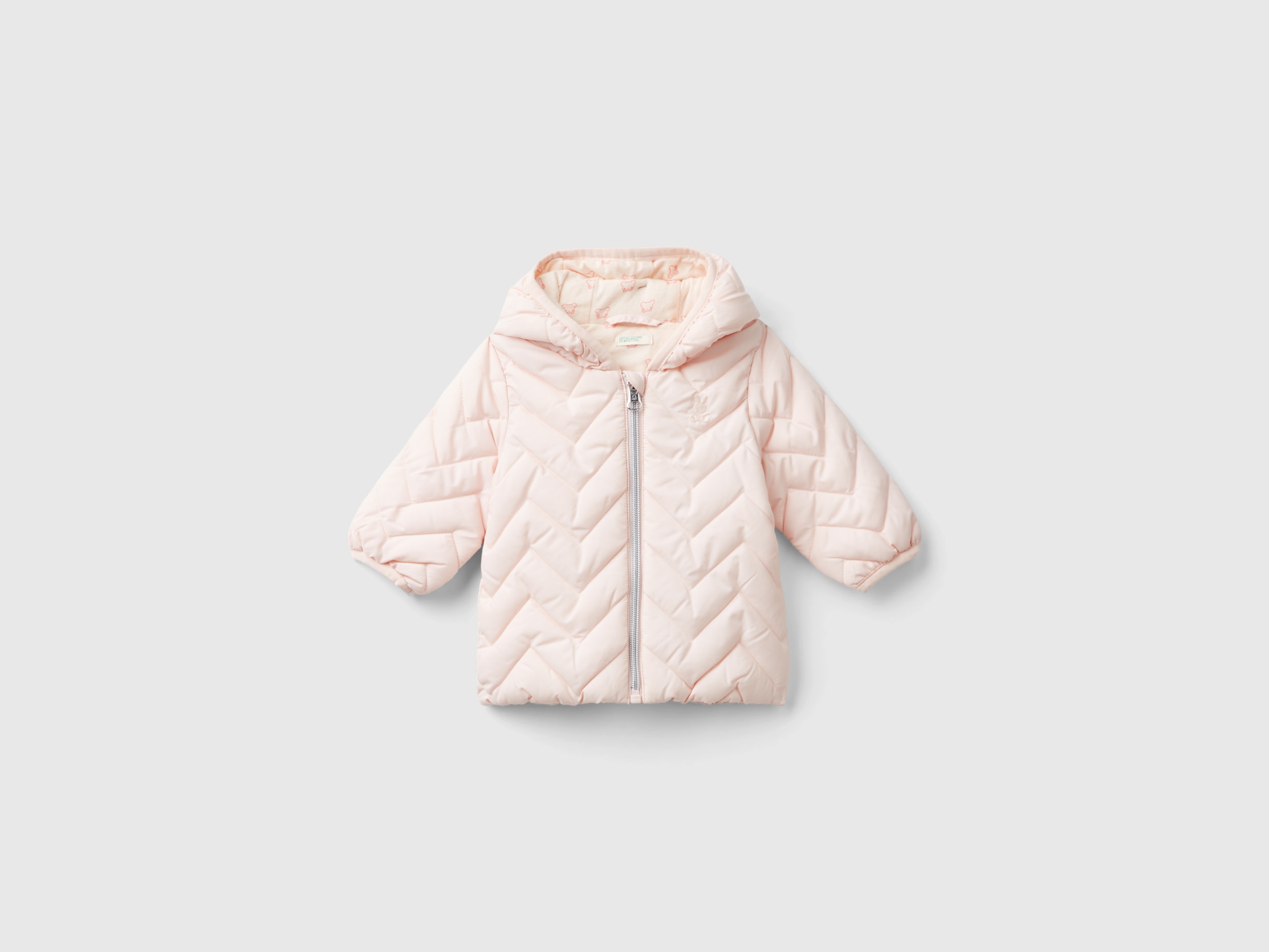 Benetton, Piumino Imbottito Con Orecchie, Rosa Tenue, Bambini