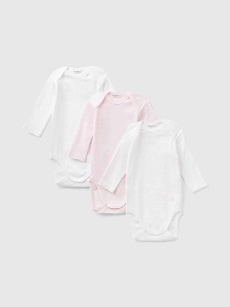 Benetton, Three Solid Color Bodysuits In Organic Cotton, Multi-color, Kids