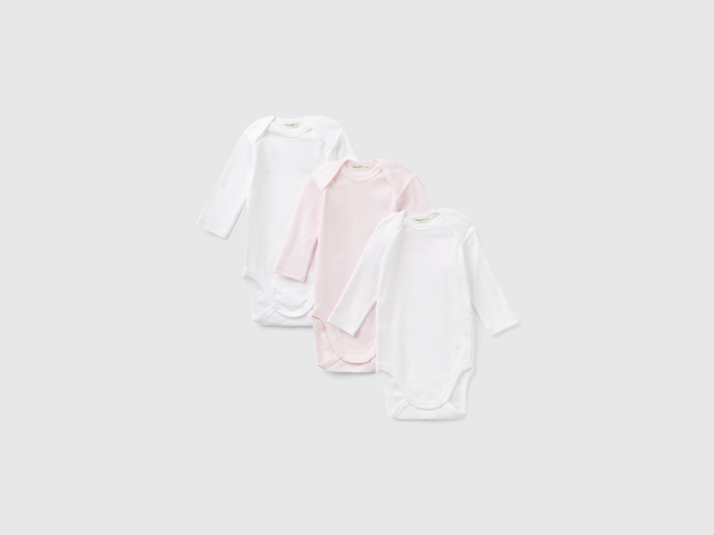 Image of Benetton, Three Solid Color Bodysuits In Organic Cotton, size 68, Multi-color, Kids