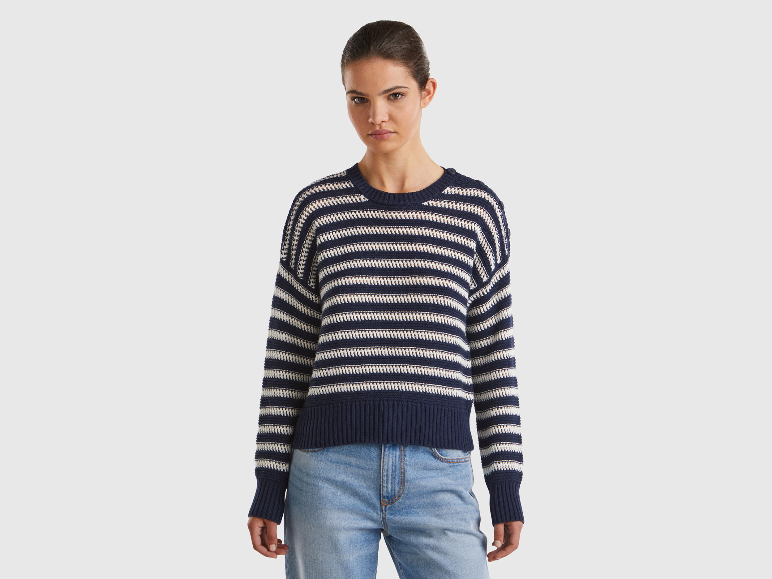 Image of Benetton, Striped Boxy Fit Sweater, size M, Dark Blue, Women