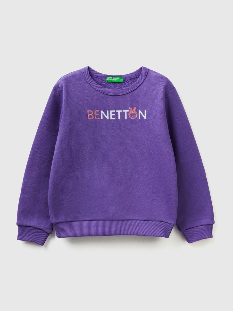 Purple sweatshirt in organic cotton with glittery print - Violet | Benetton