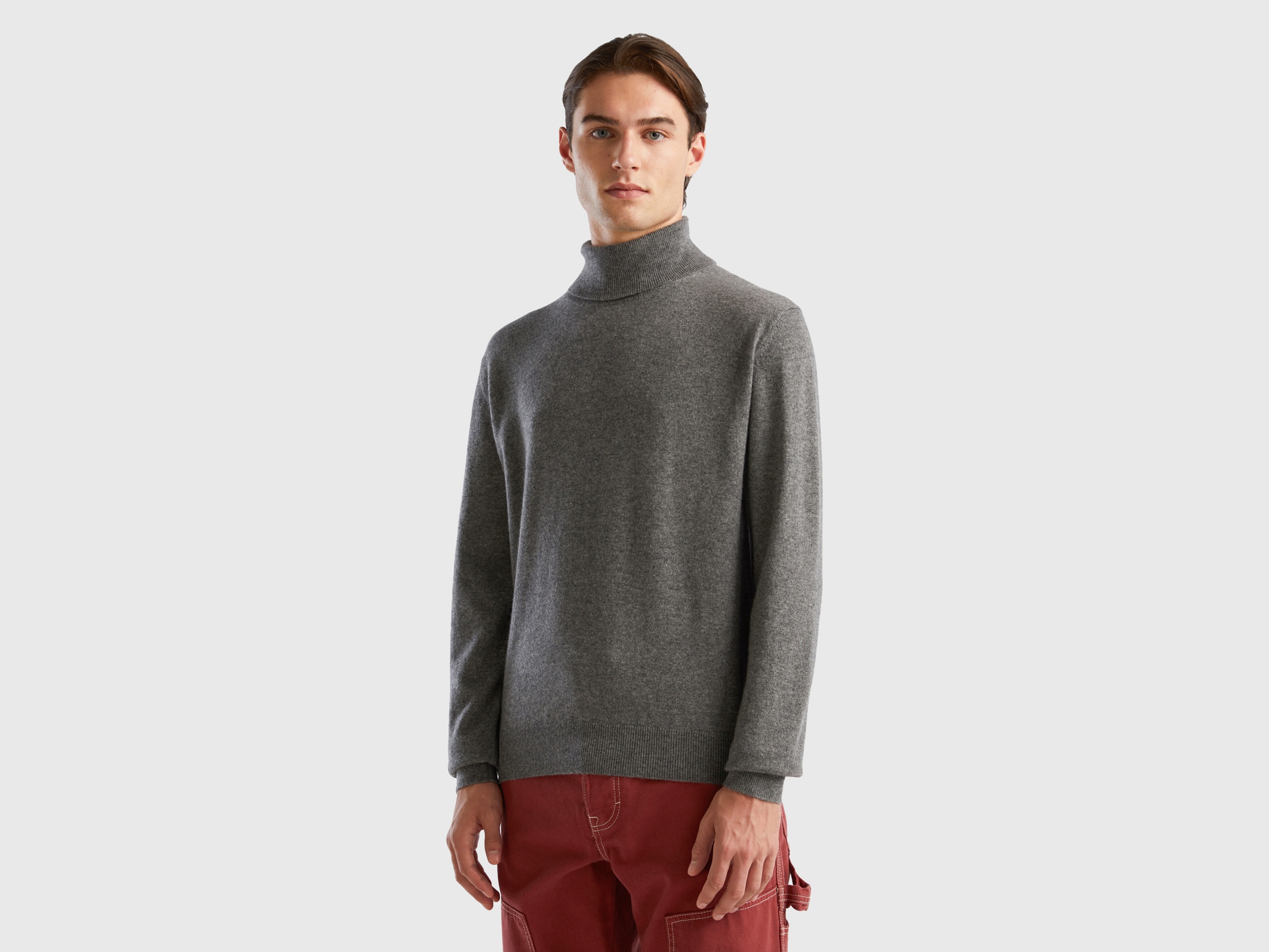 Benetton, Dark Gray Turtleneck In Pure Cashmere, size XS, Dark Gray, Men
