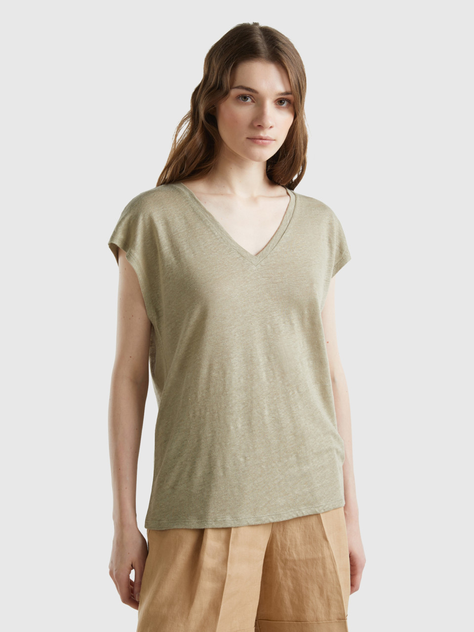 Benetton, V-neck T-shirt In Pure Linen, Light Green, Women