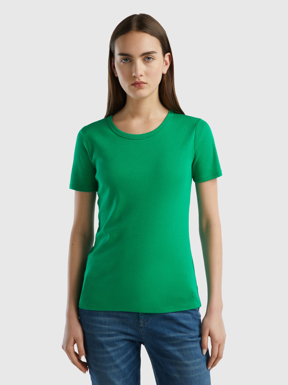 Benetton, T-shirt En Coton Longues Fibres, Vert, Femme