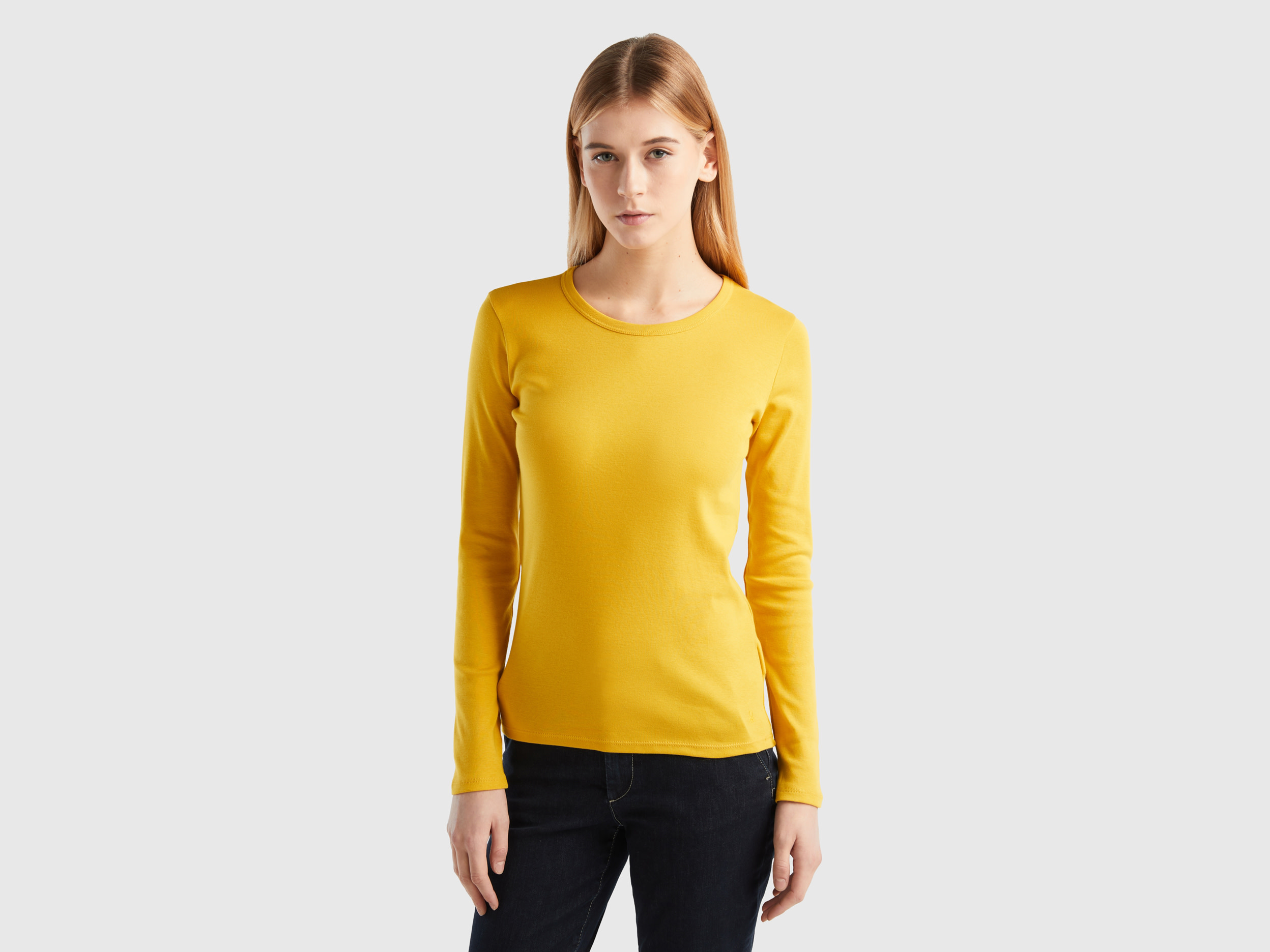 Benetton, Long Sleeve Pure Cotton T-shirt, size M, Yellow, Women