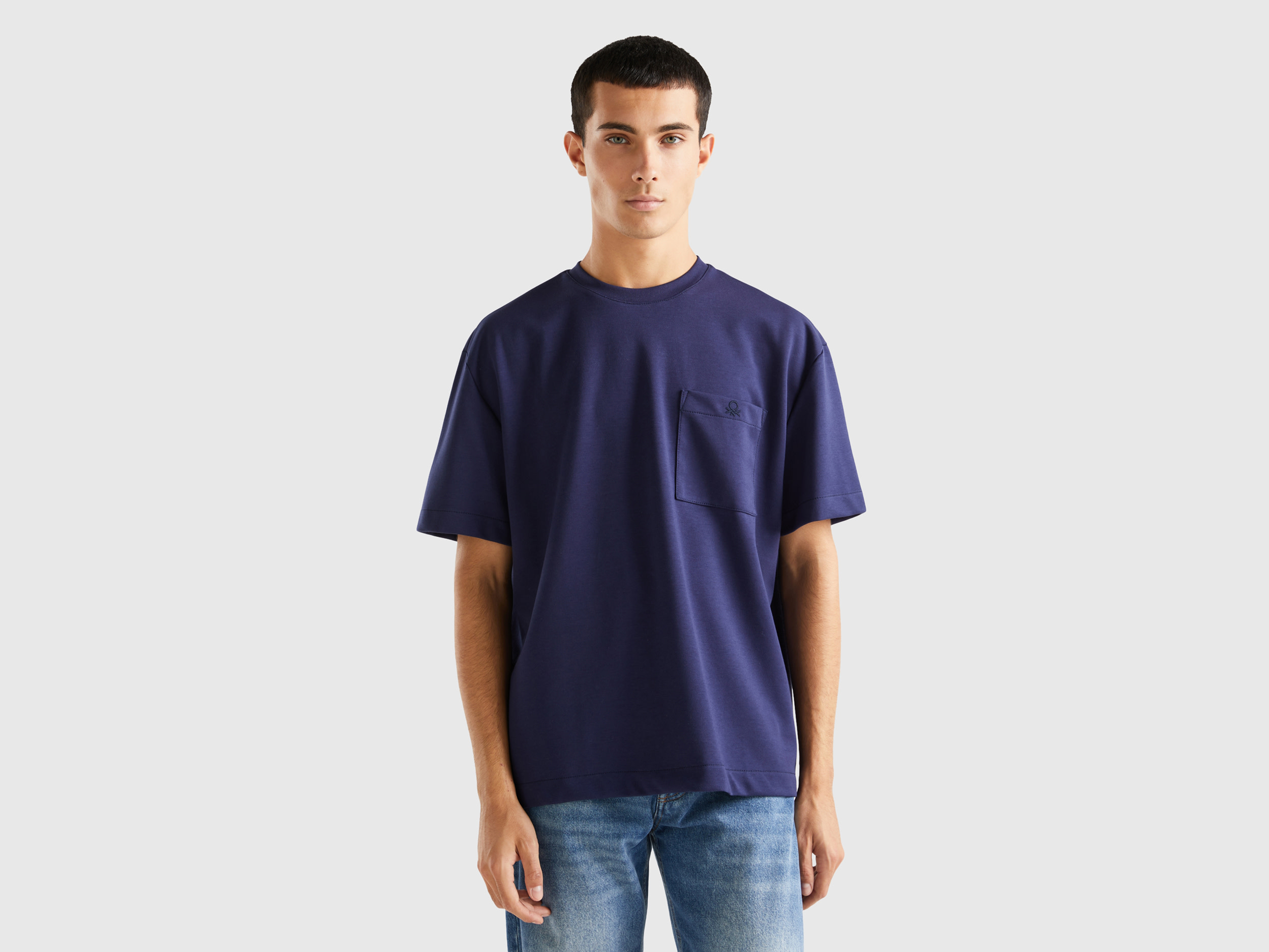 Benetton, Oversized T-shirt With Pocket, size L, Dark Blue, Men