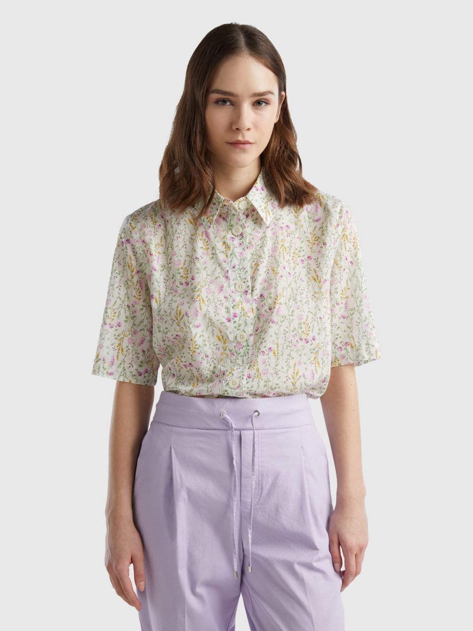 Benetton, Short Sleeve Patterned Shirt, Multi-color, Women