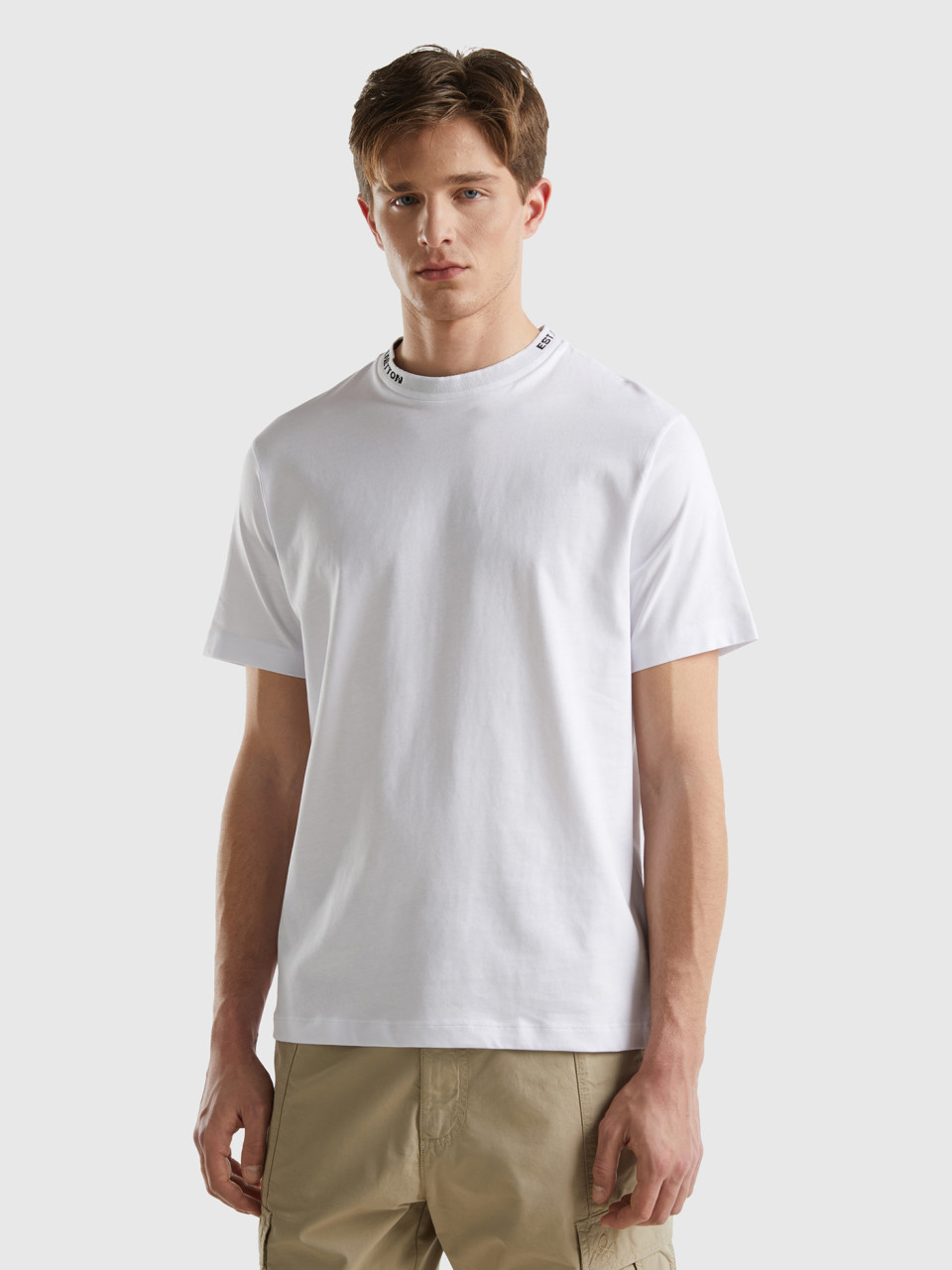 Benetton, White T-shirt With Embroidery On The Neck, White, Men