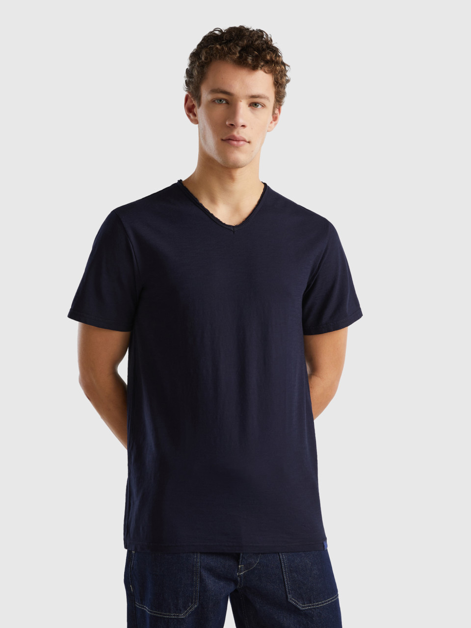 Benetton, T-shirt 100 % Coton À Col En V, Bleu Foncé, Homme