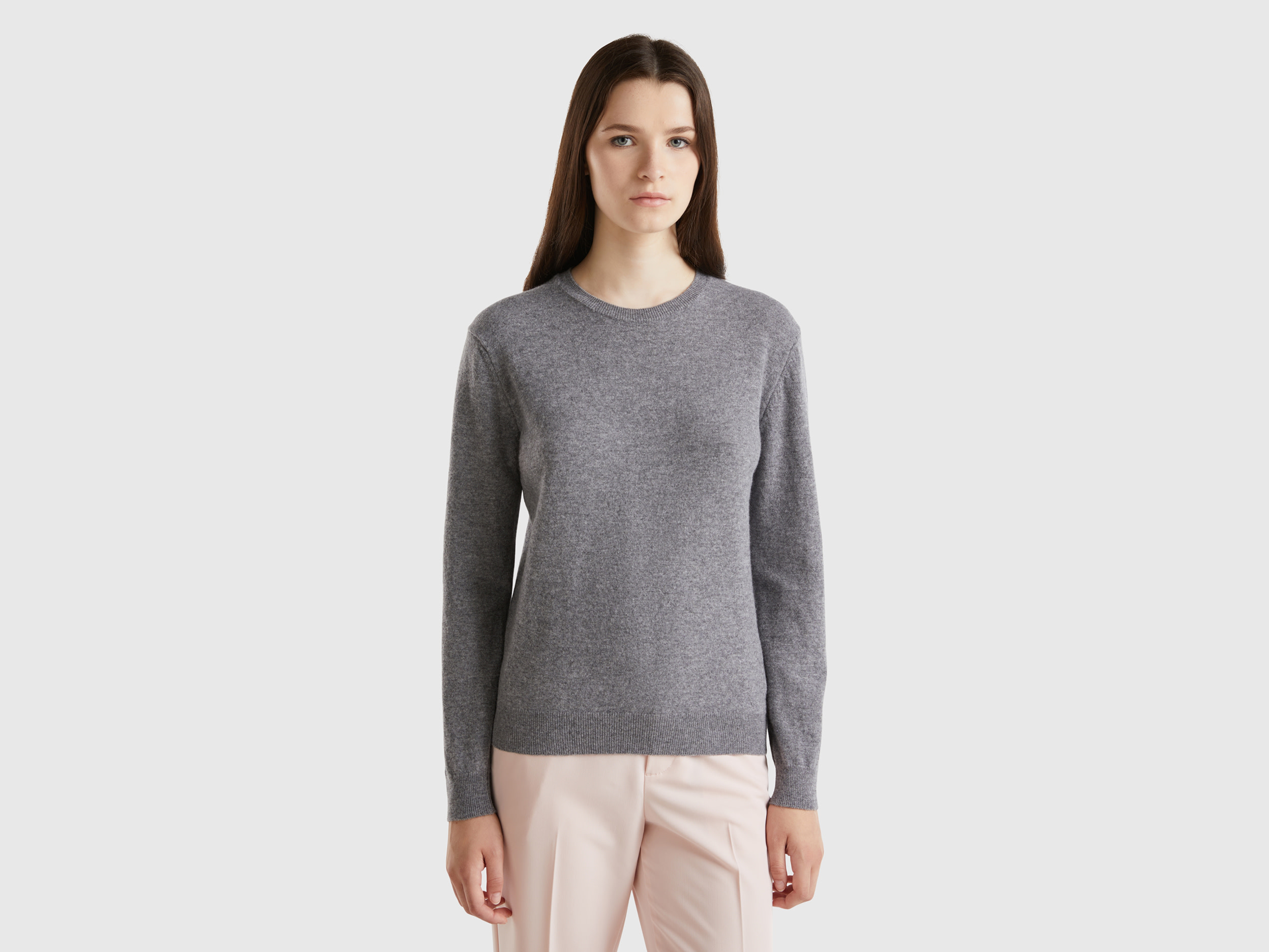 Benetton, Maglia Girocollo Grigio In Lana Merino, Grigio Scuro, Donna