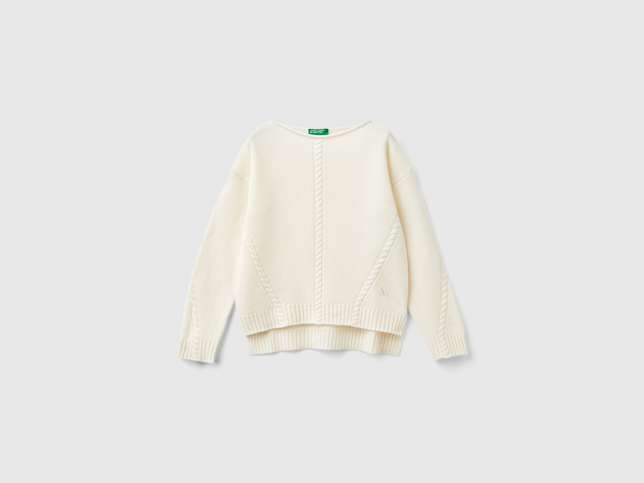 Benetton, Maglia Con Trecce In Misto Lana, Bianco Panna, Bambini