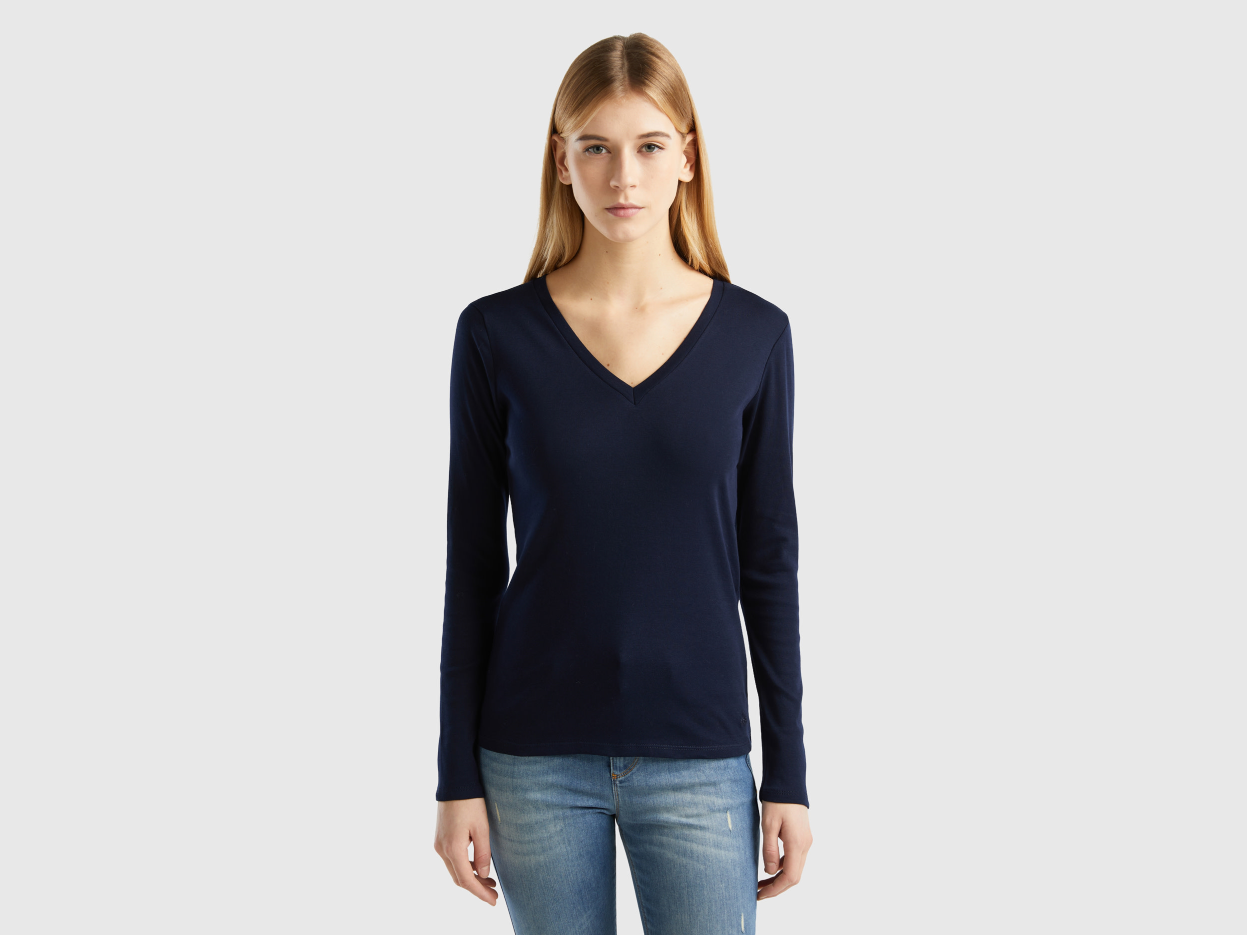 United Colors of Benetton Benetton, T-shirt Μακρυμάνικο Με V Λαιμόκοψη, size XS, Σκουρο Μπλε, Γυναικεία