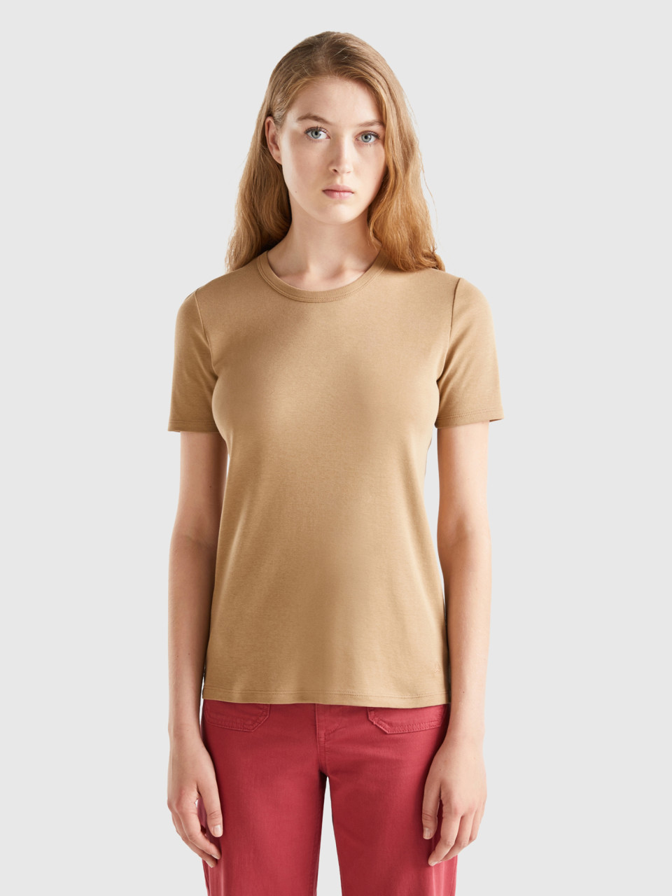 Benetton, T-shirt En Coton Longues Fibres, Camel, Femme