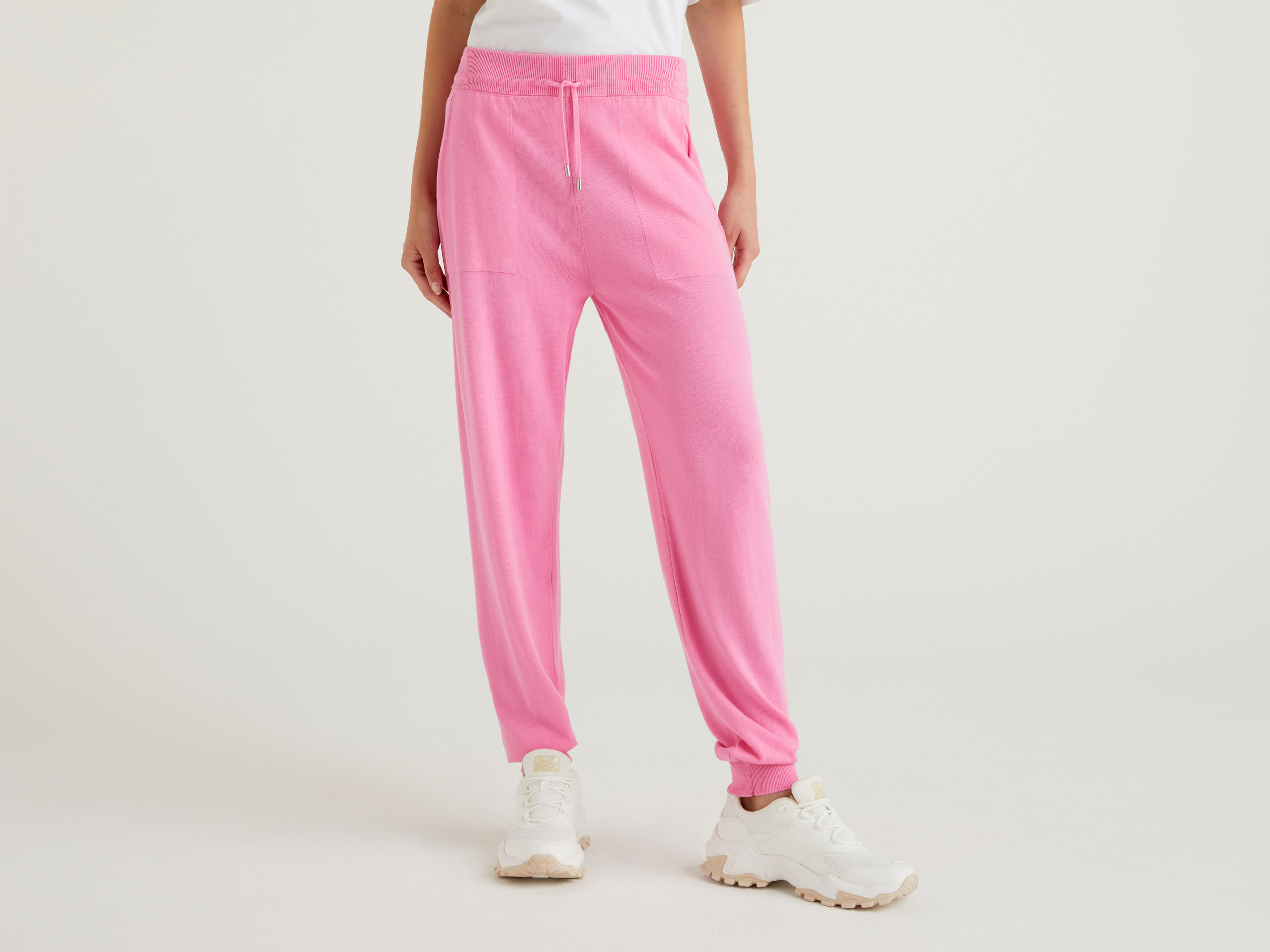 benetton, tricot trousers with drawstring, size xs, pink, women