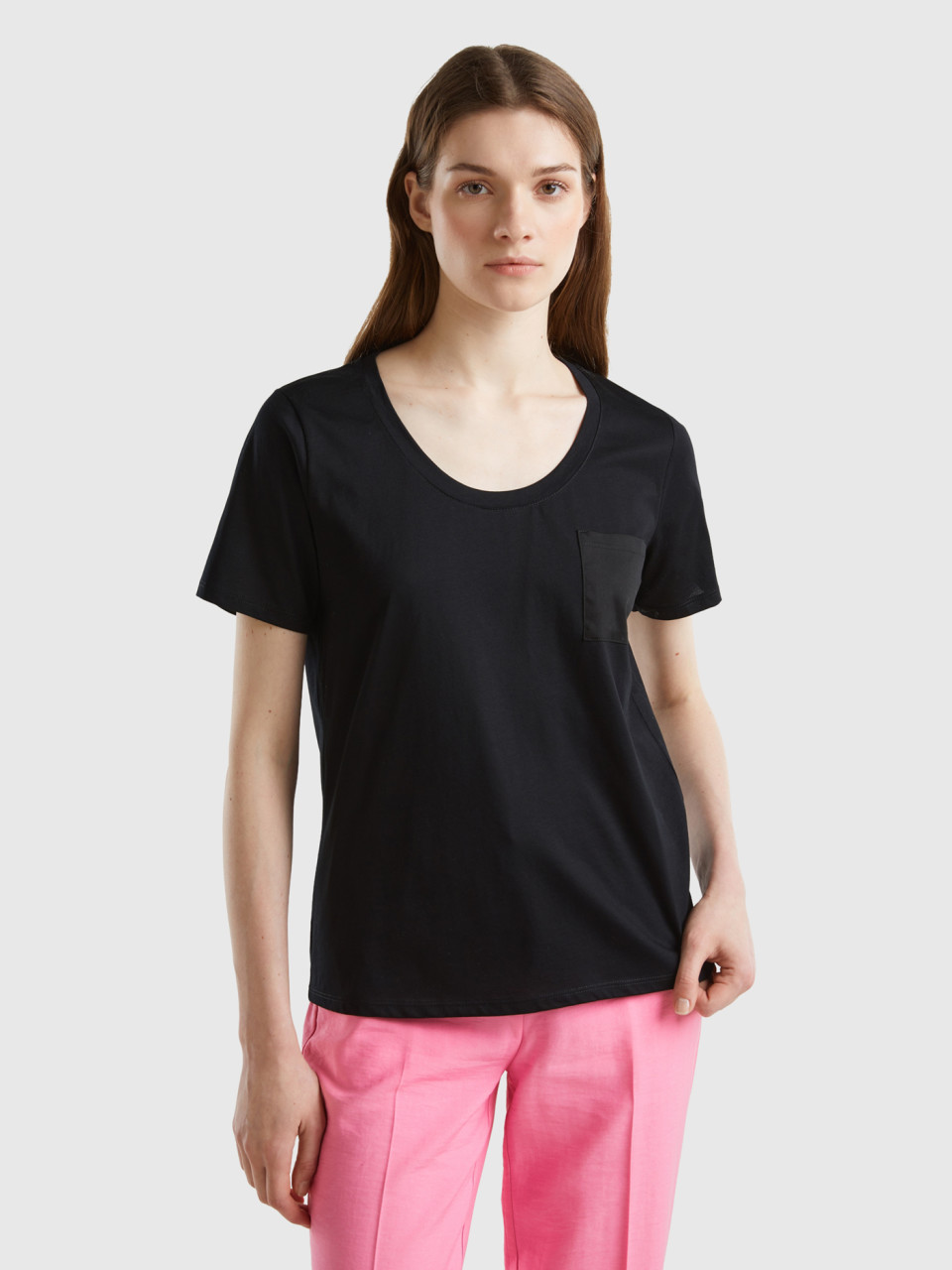 Benetton, T-shirt With Satin Pocket, Black, Women