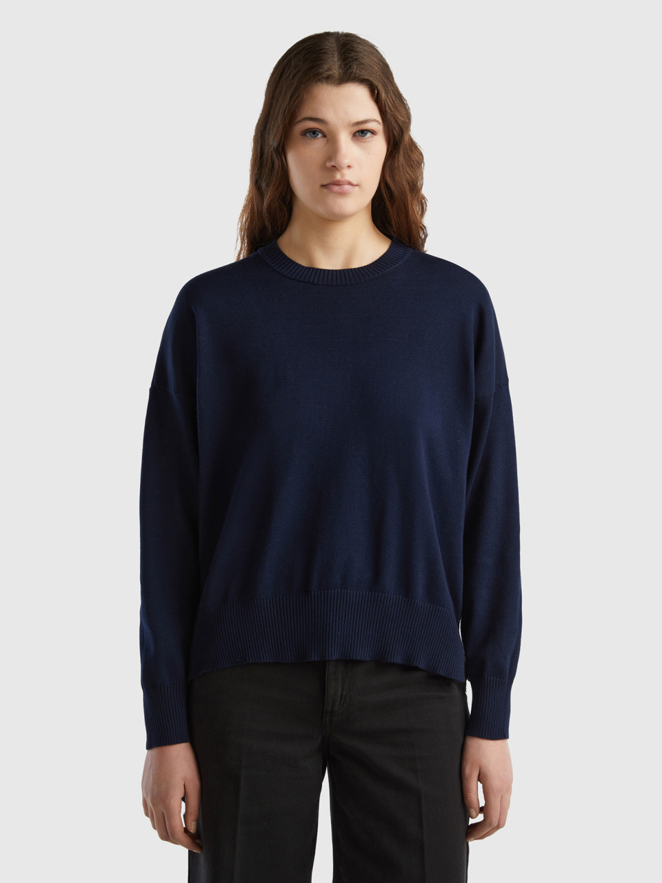 Benetton, Crew Neck Sweater In Tricot Cotton, Dark Blue, Women